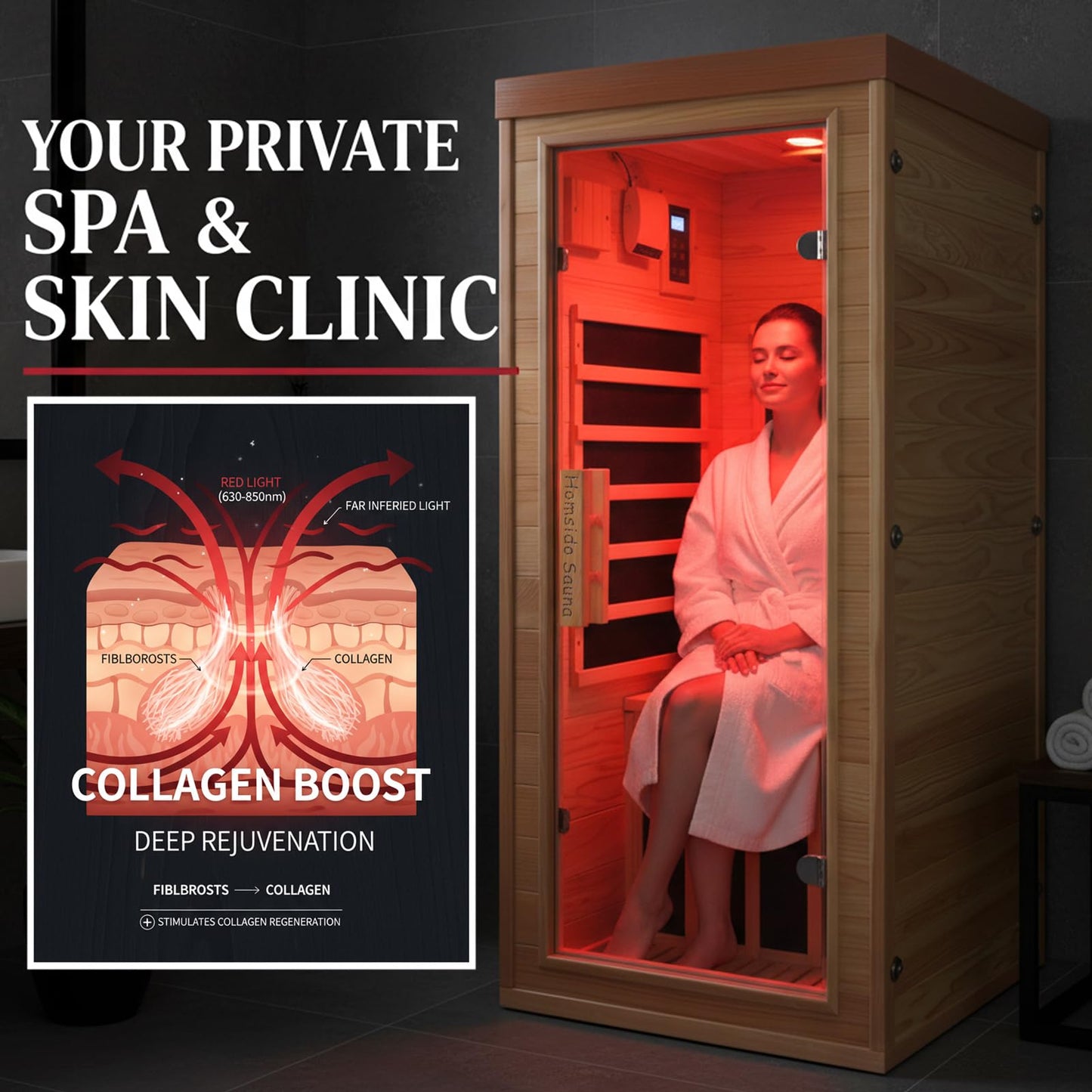 Homsido Red Light Therapy Infrared Sauna for Home – 1300W 110V 1-Person Indoor Wood Sauna w/Carbon Crystal Heaters, Red Light Lamp, Post-Workout Recovery & Spa Relaxation, Gift for Women Men