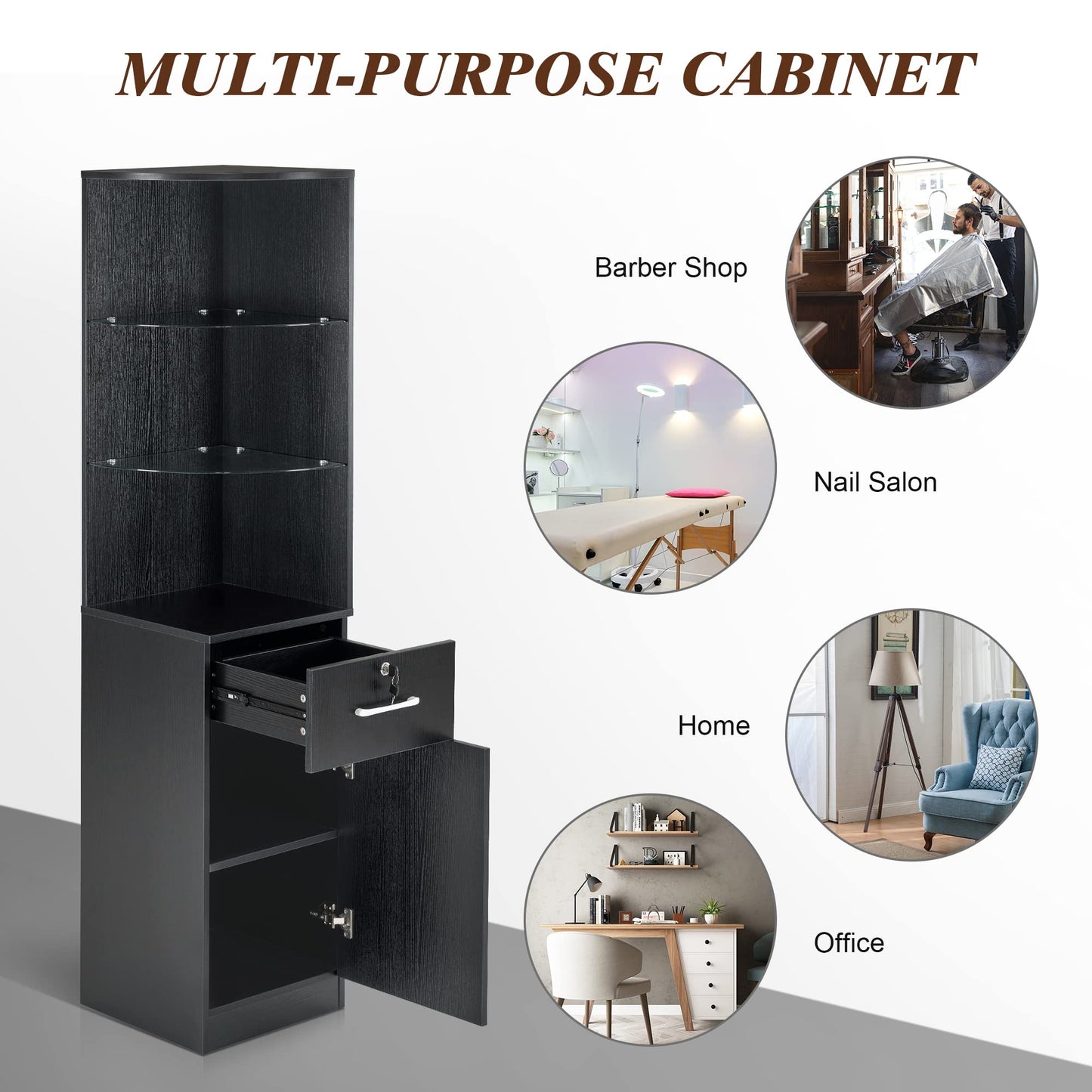 BarberPub Corner Salon Storage Cabinet with Door and Glass Shelves, Beauty Barber Equipment for Storage, 15.8" W x 69.9" H x 15.8" D 3200 (Black)