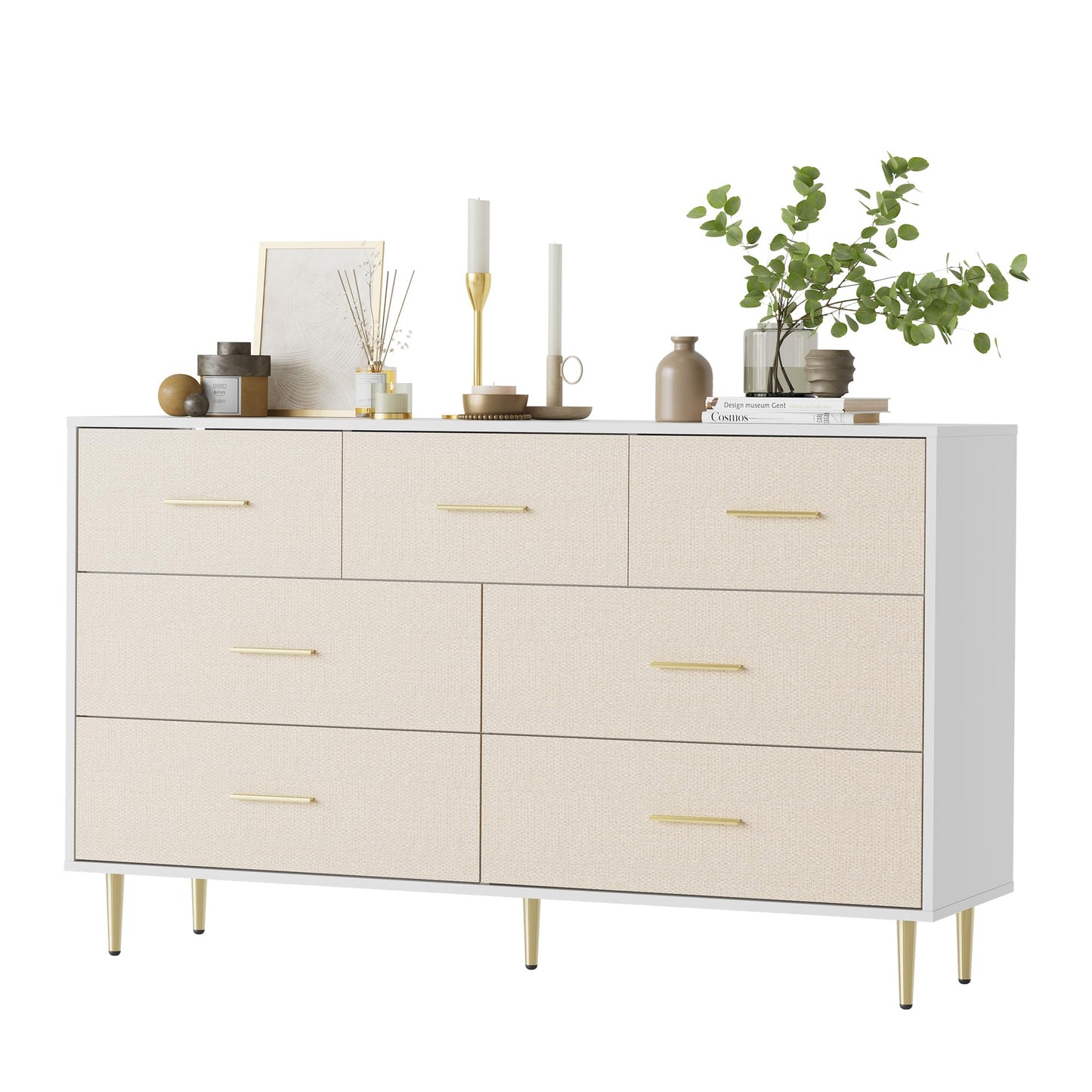 Garvee White Dresser, Modern 7 Drawer Dresser for Bedroom with Gold Handle and Legs, Wooden Nightstand with Linen-Textured Surface, Narrow Accent Cabinet End Table for Living Room, Hallway, Entryway
