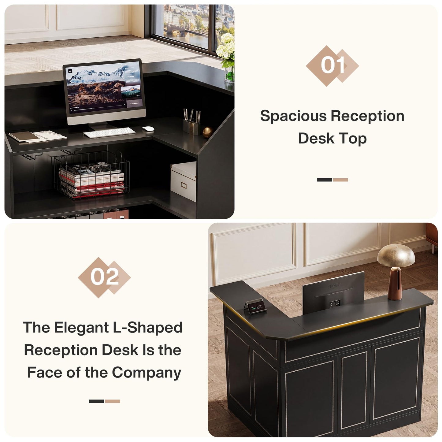 Tribesigns L-Shaped Reception Desk, Modern Black Front Counter with 2-Tier Storage & Stemware Rack, Elegant Office Reception Desk for Lobby, Business Area
