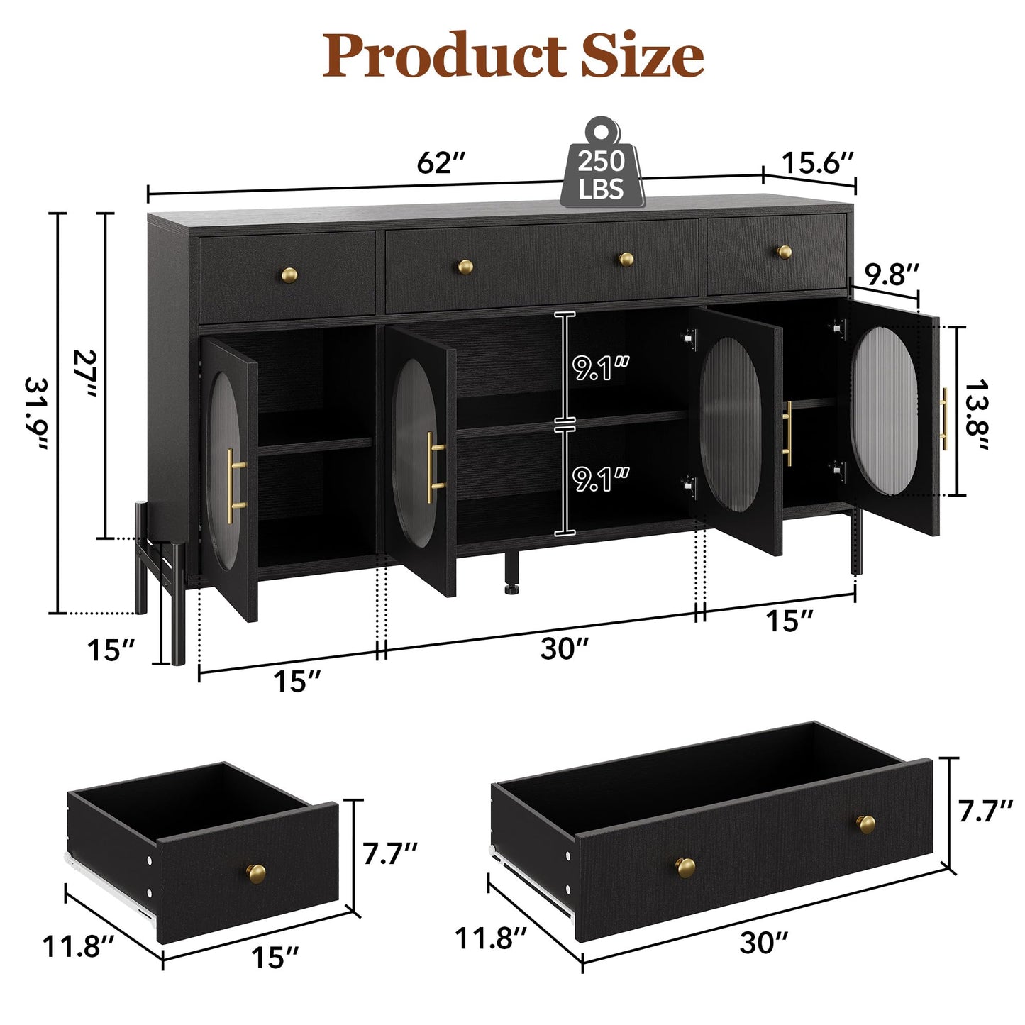 MERXENG 62 in Sideboard Buffet Cabinet with 4 Doors & 3 Drawers, Modern Storage Cabinet with Adjustable Shelves, Accent Buffet Table Coffee Bar for Kitchen, Living Room, Black