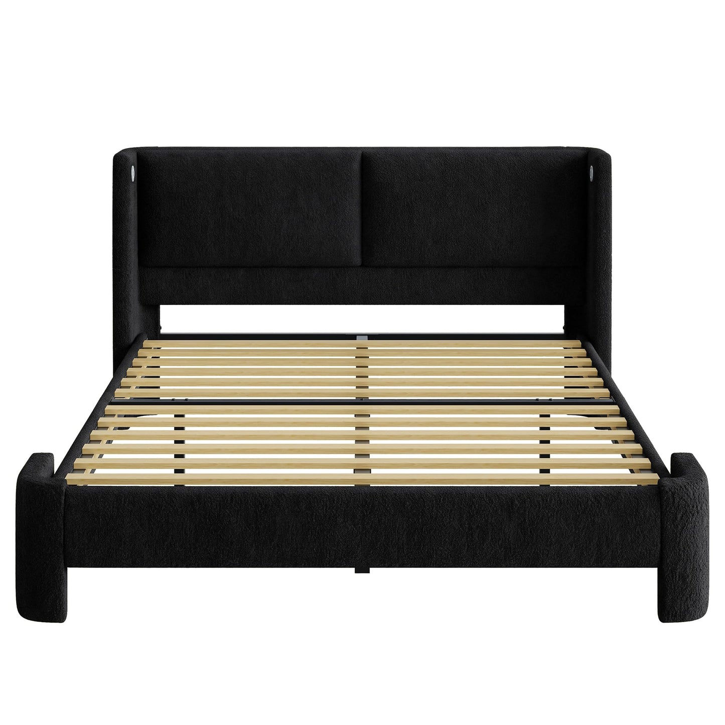 LIKIMIO Queen Bed Frame with Headboard, Upholstered Boucle Platform Bed with USB Ports, Base Camas Queen No Box Spring Needed, Black