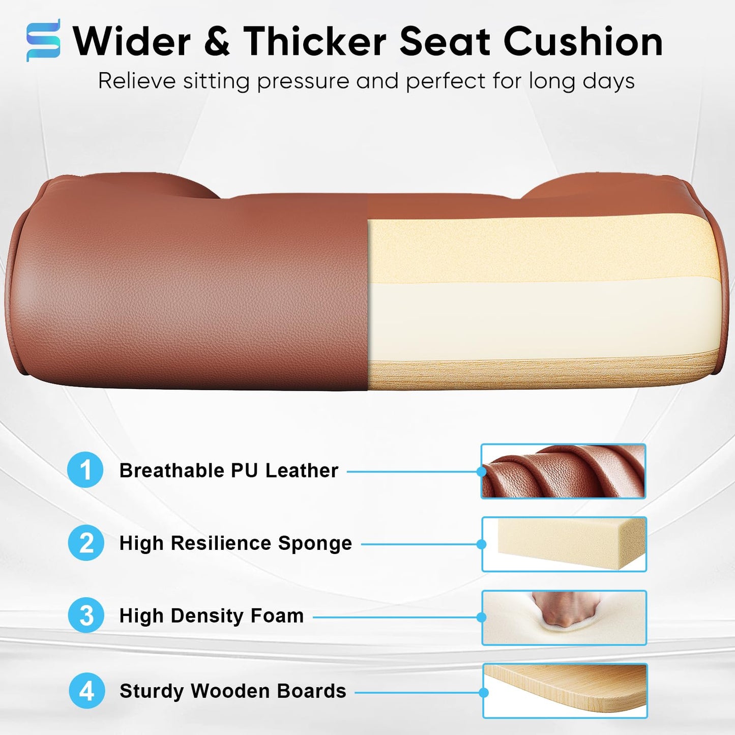 Sytas Ergonomic Office Chair with Adjustable Headrest, Executive Leather Desk Chair with Upgraded Lumbar Support for Lower Back Pain Relief, Thickened Backrest Computer Chair for Home Office, Brown