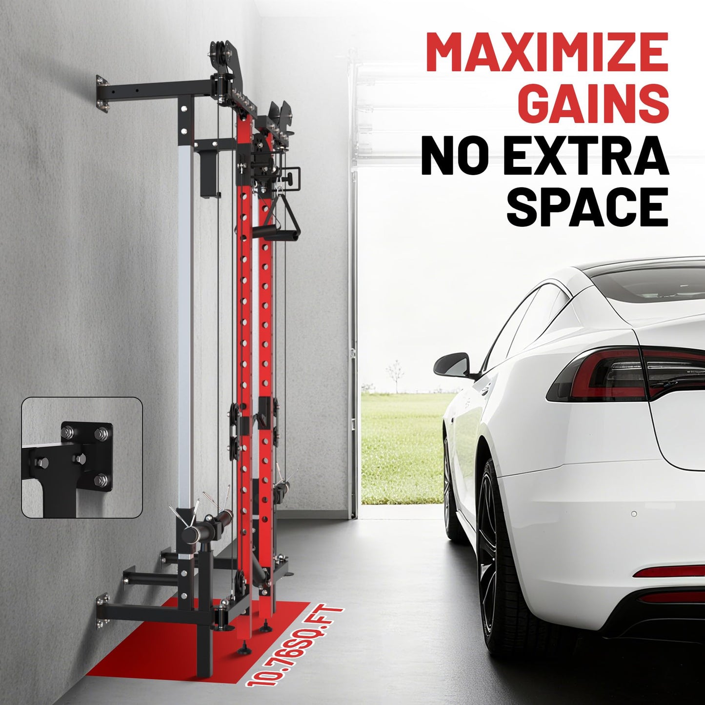 Garvee Folding Squat Rack, Wall Mounted Power Rack with Dual Independent Pulley System & Pull Up Bar, Multi-Function Power Cage with for Home Gym Space-Saving