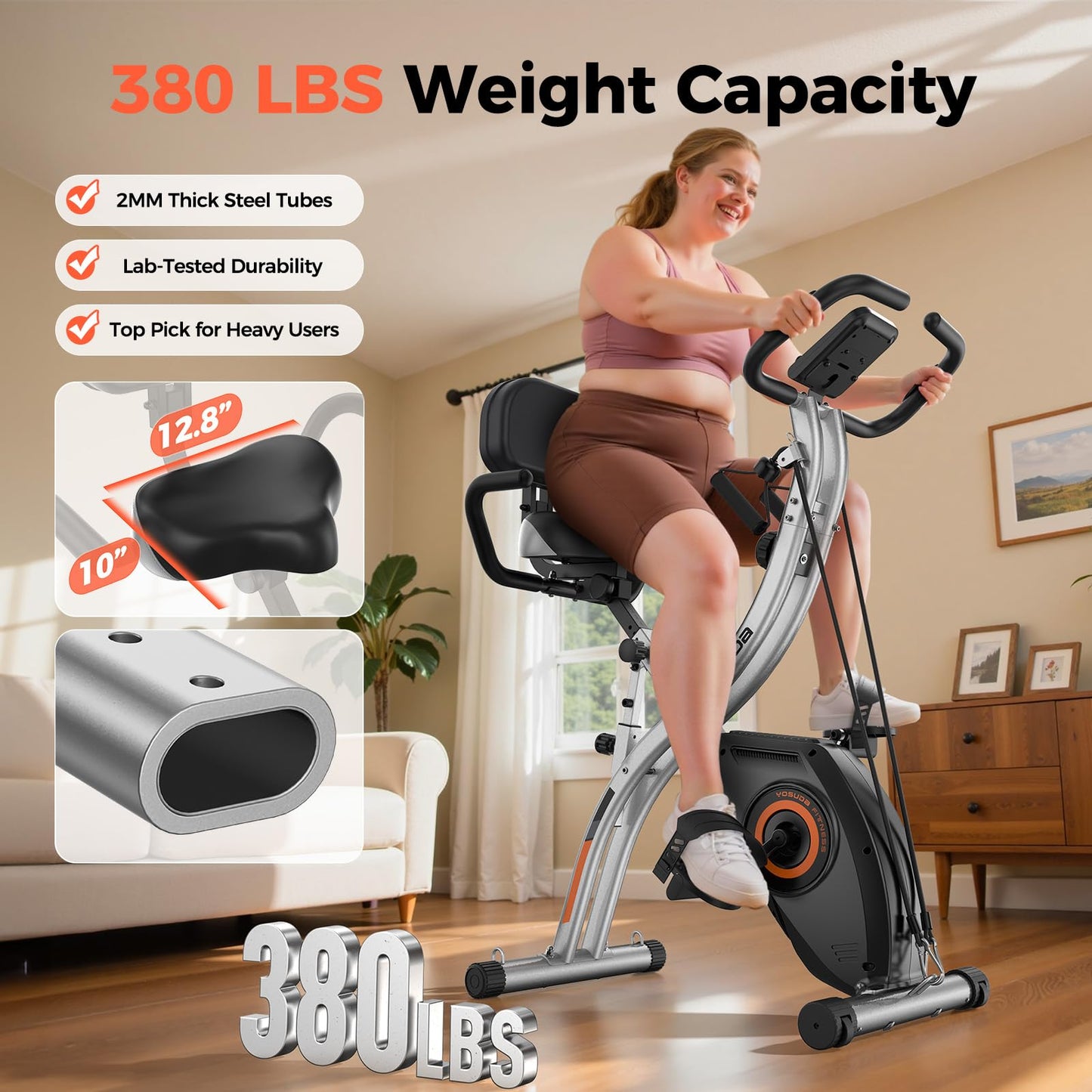 YOSUDA Folding Exercise Bike - 5 IN 1 Foldable Stationary Bike for Home Gym Workout, Upgraded Indoor Cycling Bikes with 6.6 LBS Flywheel, 380 LBS Capacity and 16-Level Magnetic Resistance, Back Support Cushion