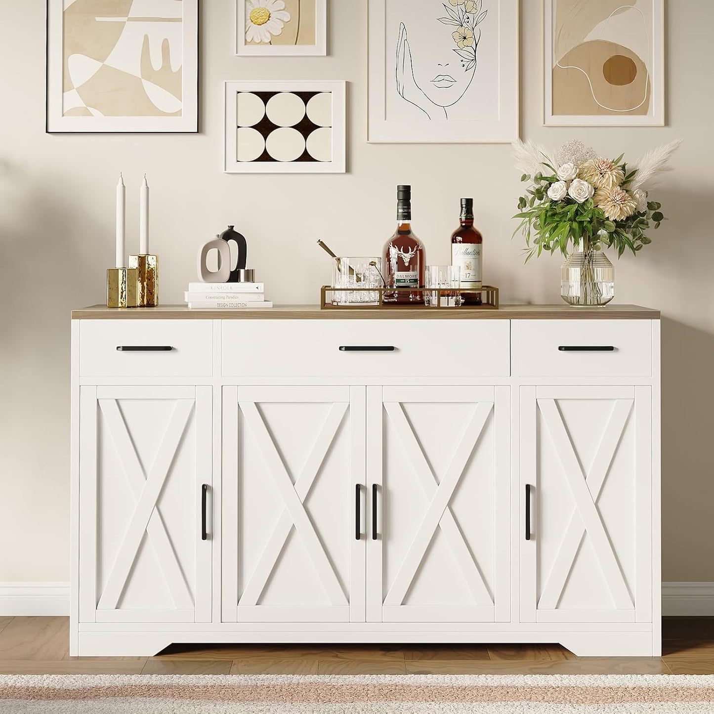 BouPower 55 Inch Farmhouse Sideboard Buffet Cabinet with Storage & 3 Drawers & Barn Doors Large Modern Wood Coffee Bar Buffet Table, Dining Room Storage Cabinet for Dining Room, Kitchen, Living Room
