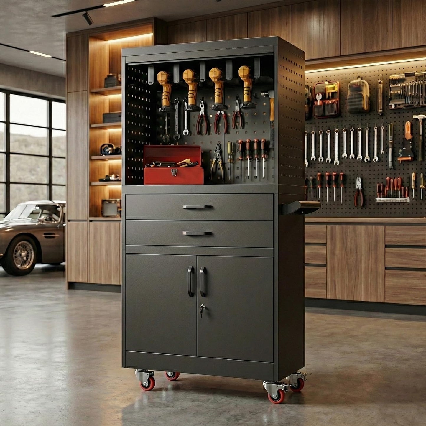 dinwork Professional Mobile Tool Cart with Locking Wheels, Large Storage & Built-in Outlet - Heavy Duty Rolling Workbench for Garage, Workshop, Electric Tool Organization and Moving Jobs