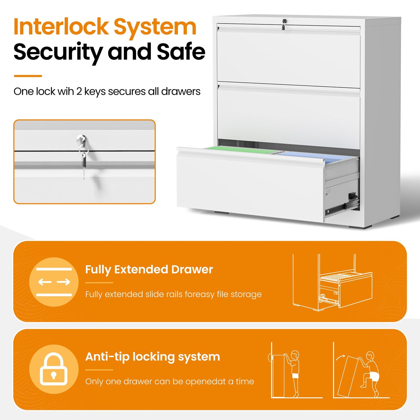 3 Drawer Lateral File Cabinet with Lock, Metal File Cabinets for Home Office, Office Furniture for Organization Hanging Legal/Letter/A4, Metal Filing Cabinet Storage Cabinet, Require Assembly, White