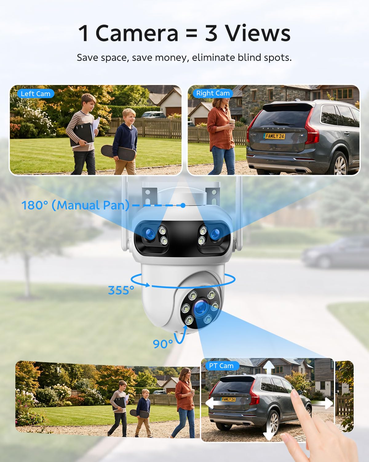 Triple-Lens Security Camera System Wireless Outdoor, 4 Cameras 12 Views