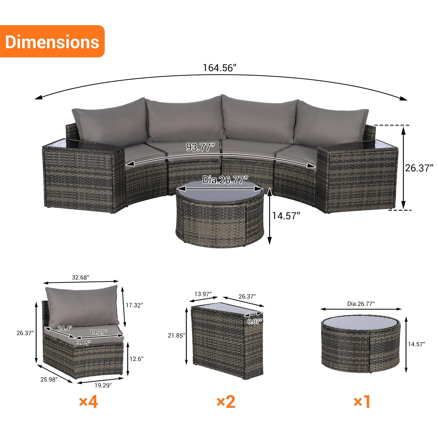 KEIKI Outdoor Patio Furniture 7-Piece Half-Moon Curved Sectional Sofa Set, All-Weather Wicker Patio Conversation Set with Round Coffee Table and 2 Storage Armrests for Poolside Backyard, Light Gray