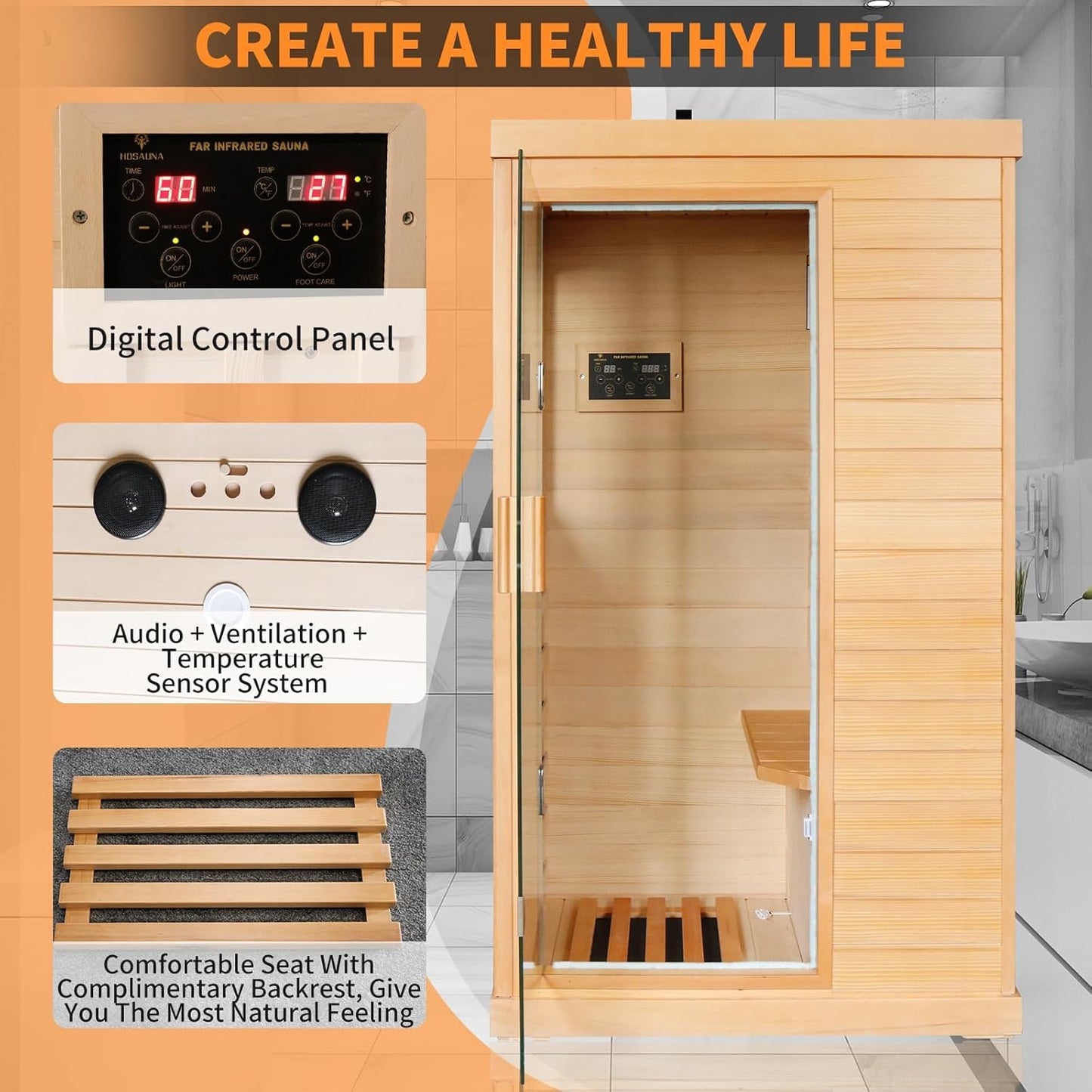InfraHHZQ Infrared Sauna for Home 1 Person Far Infrared Sauna Canadian Hemlock Low EMF Indoor Sauna Room with 7 Color Lighting Speaker Personal Dry Sauna for Home Gym Spa Fast Heating Easy Assembly