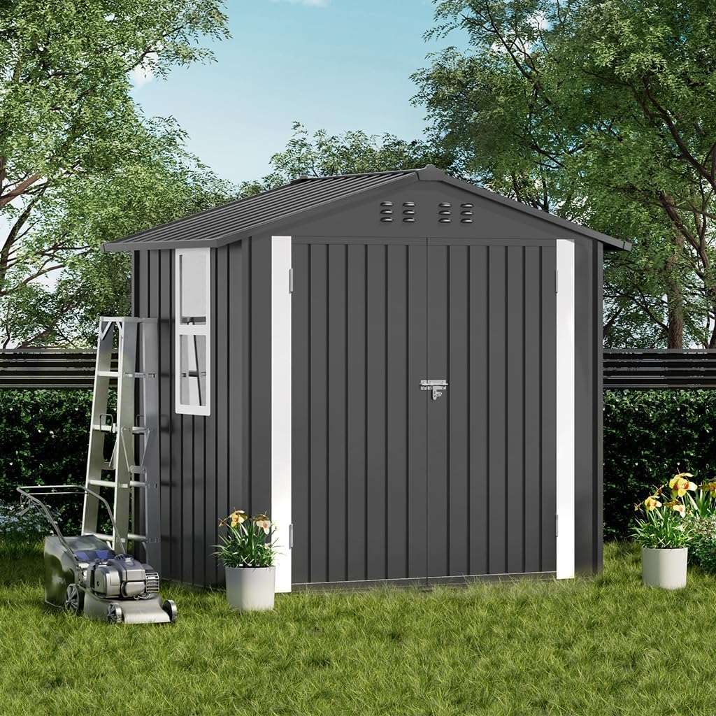 COMHOMA Shed Storage Outdoor Metal Windowed Lockable Garden Toolhouse Weatherproof Ventilated Backyard Utility Workshop(Grey,6'x4')