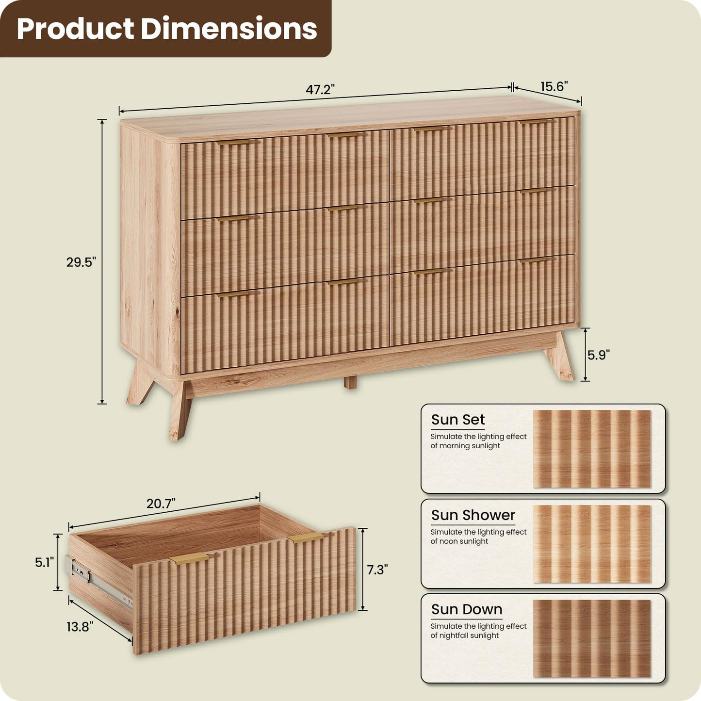 TROJM 47'' Wide 6 Drawers Dresser for Bedroom,Modern Fluted Vertical Chest with Rounded Corners,Fluted Dresser for Living Room,Hallway, Natural Wood