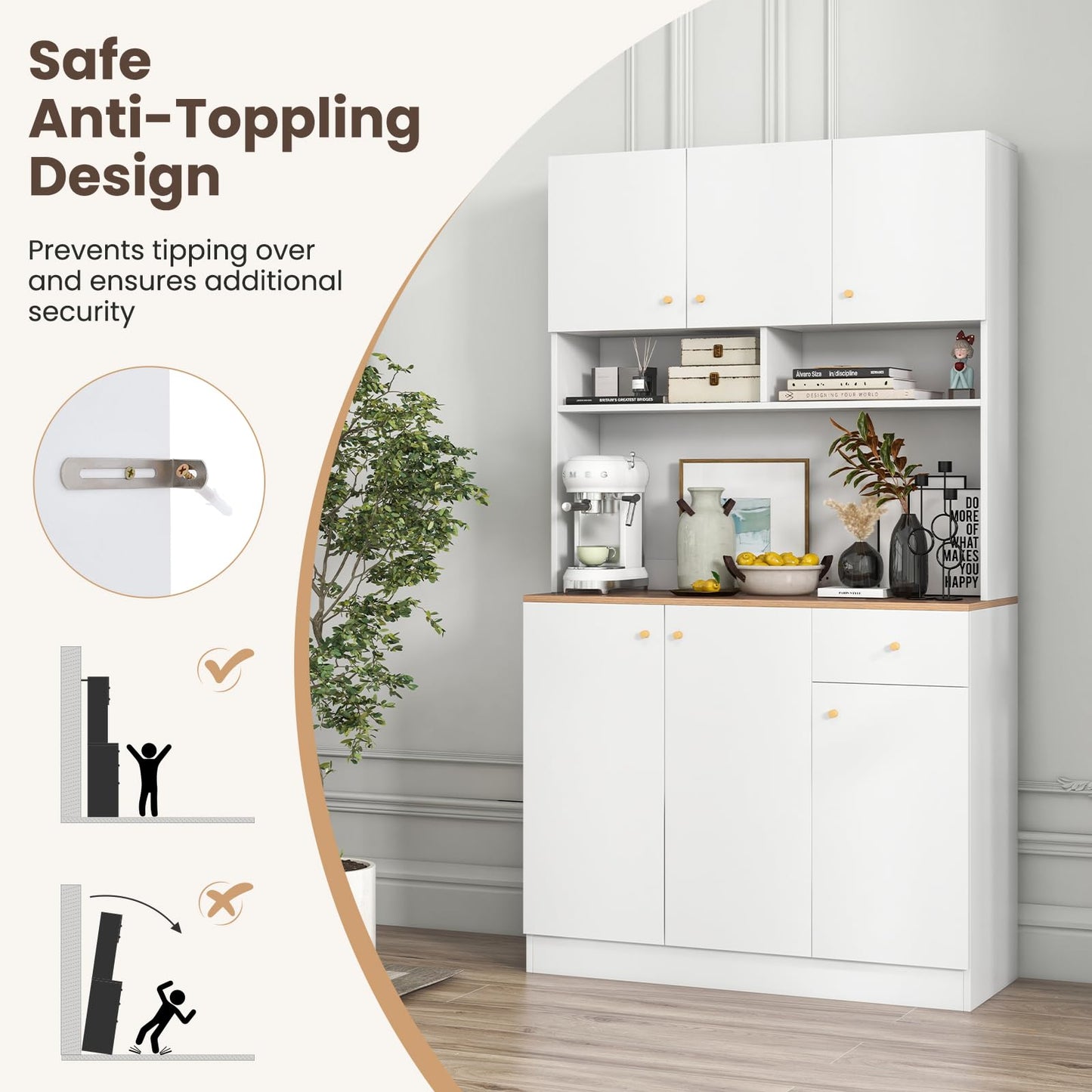 Giantex Kitchen Pantry Cabinet, 71” Tall Buffet Cabinet with Hutch, Built-in Power Outlet, 6 Doors Storage Cabinets, Drawer, Adjustable Shelves, Standing Cupboard for Dining Room Living Room (White)
