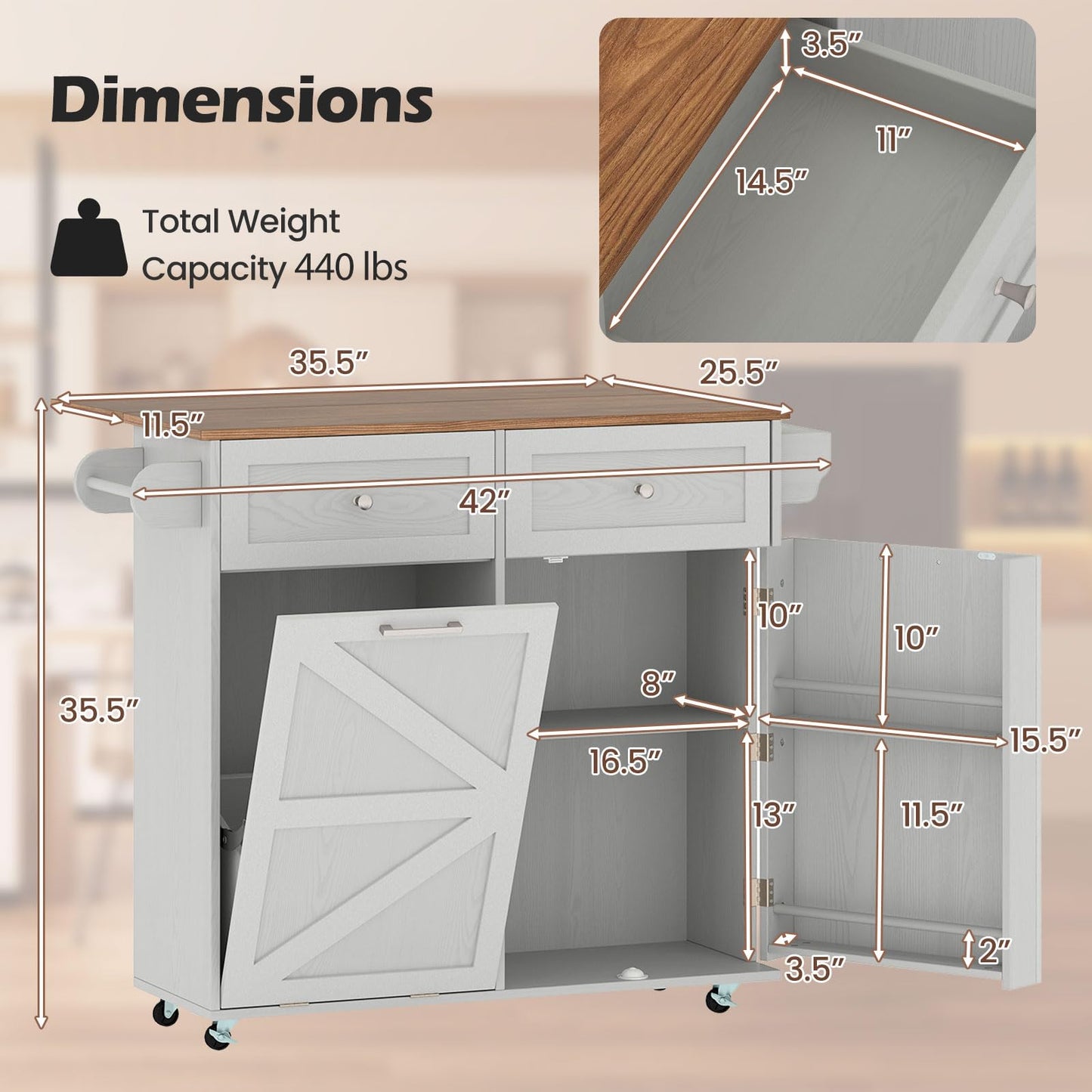 Giantex Kitchen Island Cart with Hidden Tilt Out Trash Can Cabinet, Drop Leaf, 2 Drawers, Towel Rack, Rolling Mobile Breakfast Bar Table, Wood Kitchen Storage Cart on Wheels (Grey & Natural)