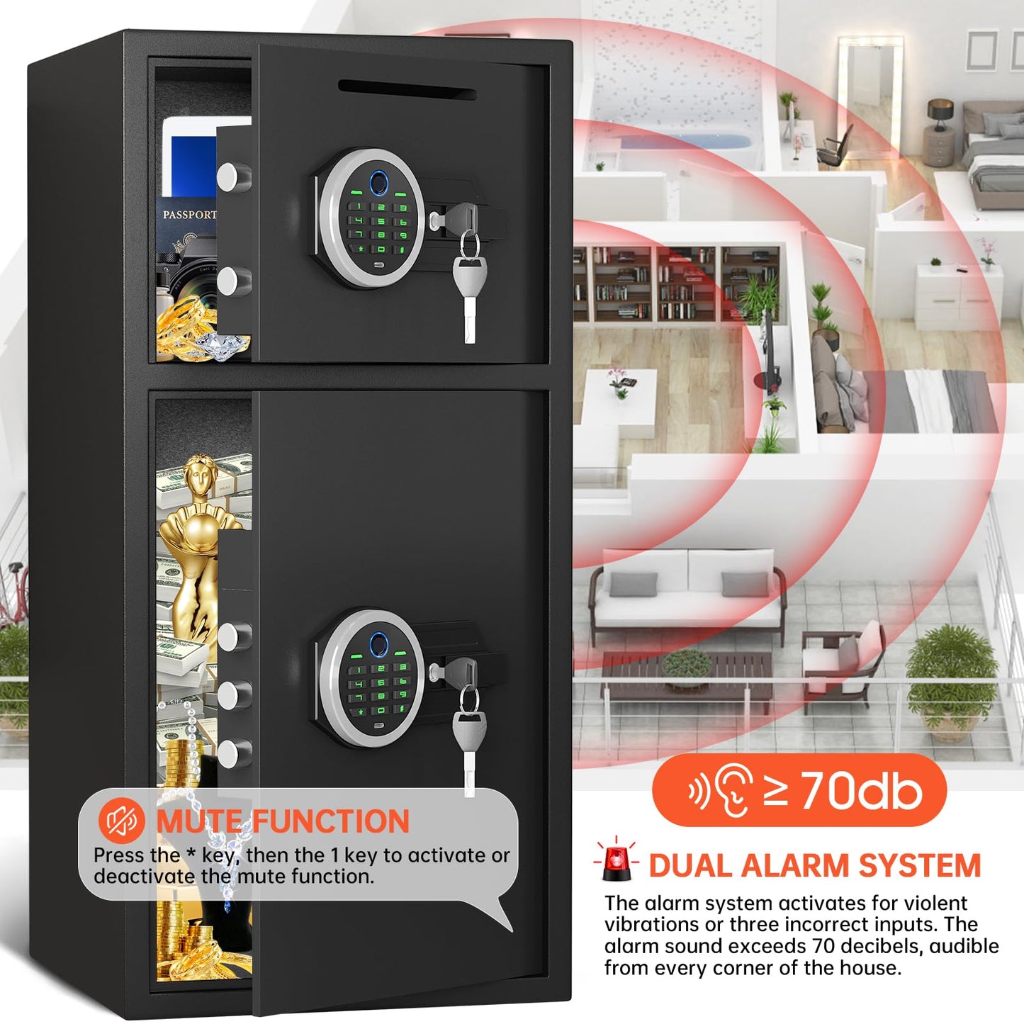 Omethey 7.0 Cuft Extra Large Home Safe Box Fireproof Waterproof, Fingerprint Safe, Home Security Safes Box with Adjustable Shelf & Drop Slot, Money Safes with Backlit Keypad & Dual Alarm for Office