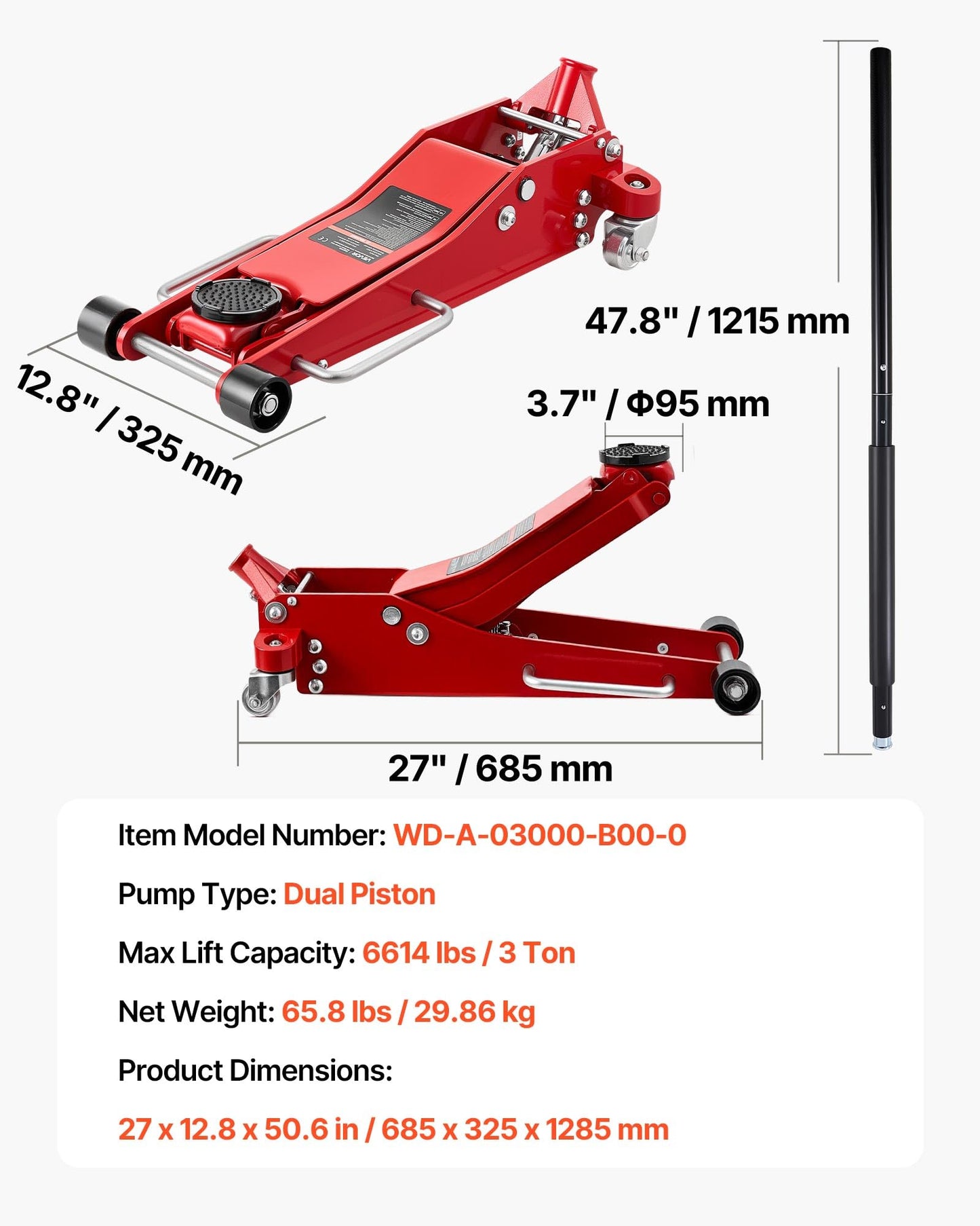 VEVOR Low Profile Floor Jack 3 Ton Aluminum and Steel Racing Floor Jack with Dual Pistons Quick Lift Pump, Hydraulic Trolley Car Lift for Sports Car, SUV, Pickup, Lifting Range 3.3"-20.3"