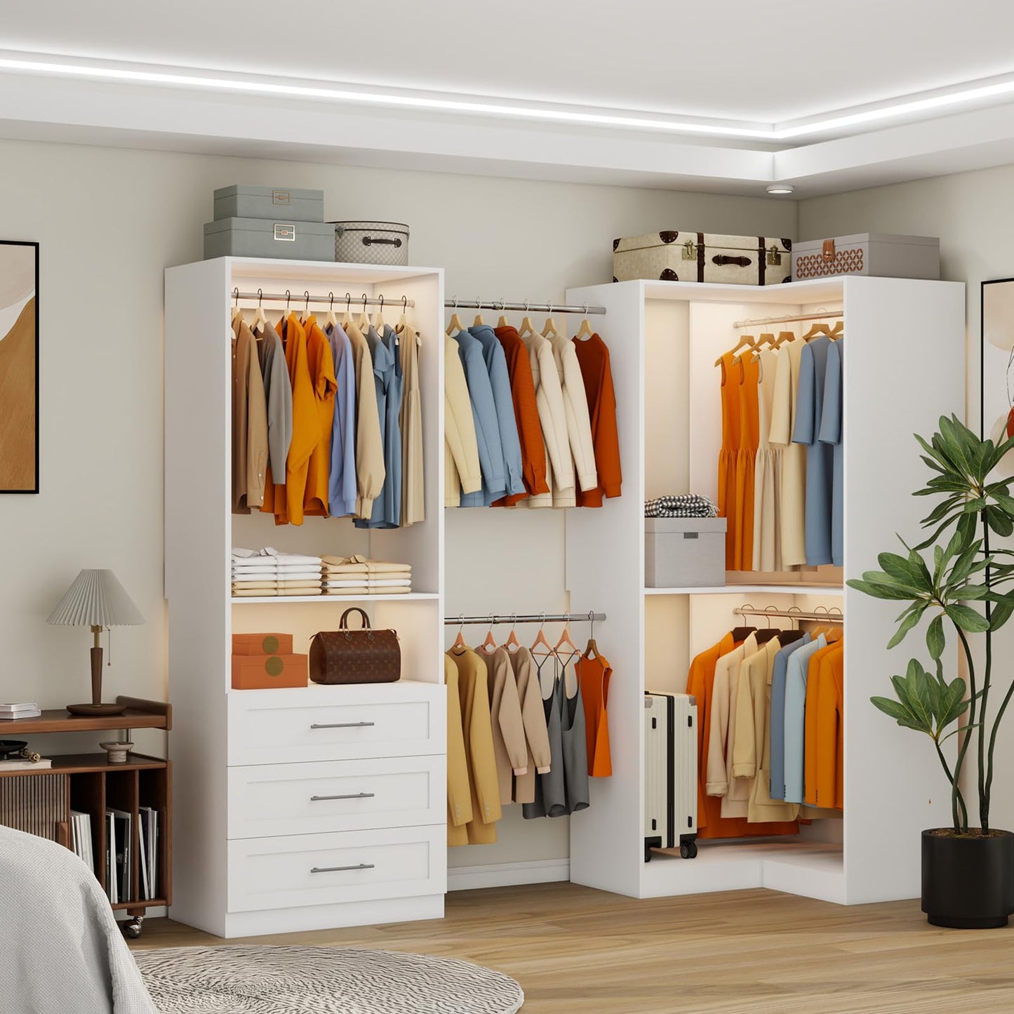 Secilix Closet System with 3 Wooden Drawers, 4.5-6FT Corner Closet Organizer System for Walk in Closet, Heavy Duty Modular Closet Systems, Built-in Shelving System with 5 Hanging Rods, 2-Piece Set