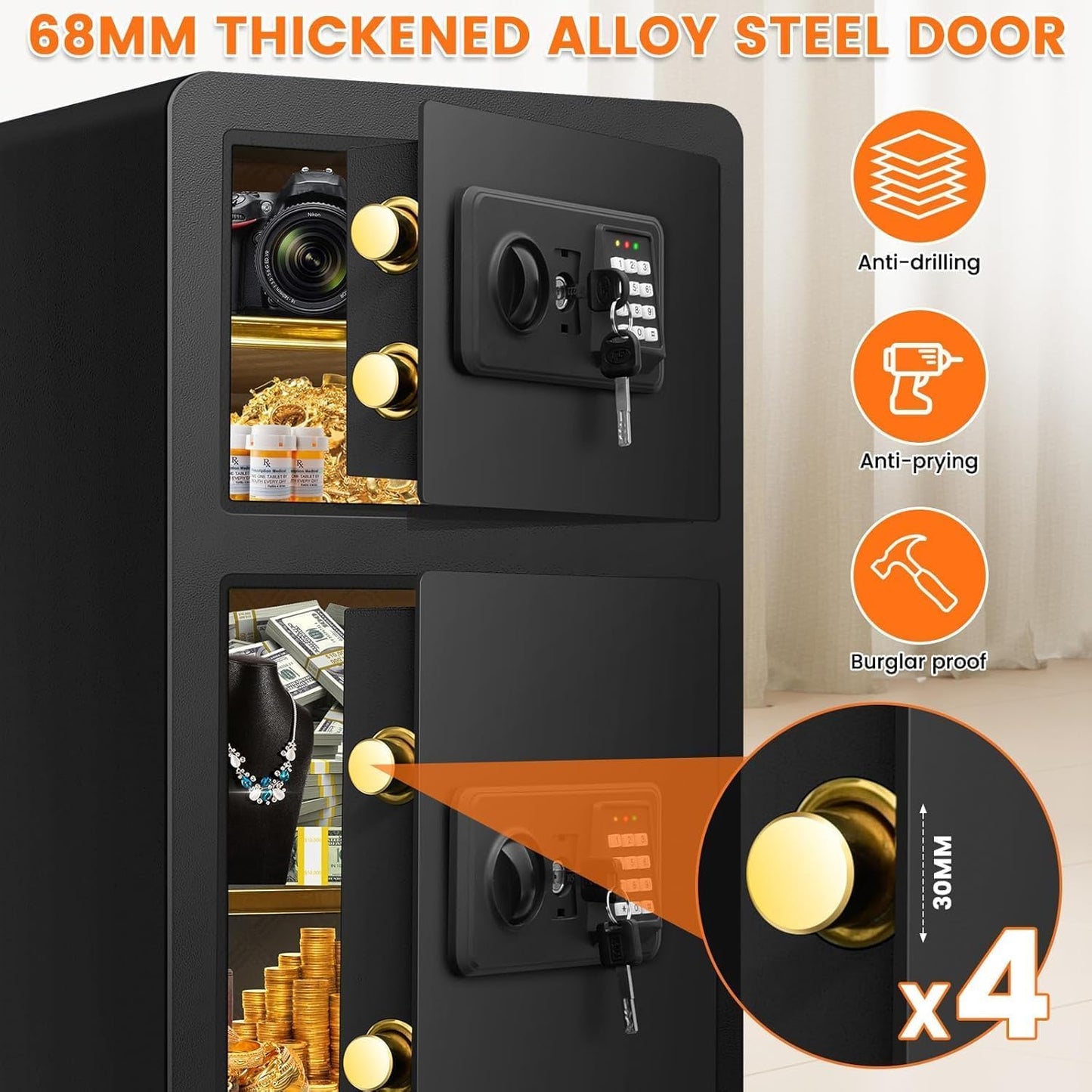 7.5 Cuft Extra Large Safe Box Fireproof Waterproof, Fire Proof Safes With Double Door, A4 Fireproof Bag, Digital Keypad & Spare Key, Smart Alert, Safes For Home Use Fire And Water Proof