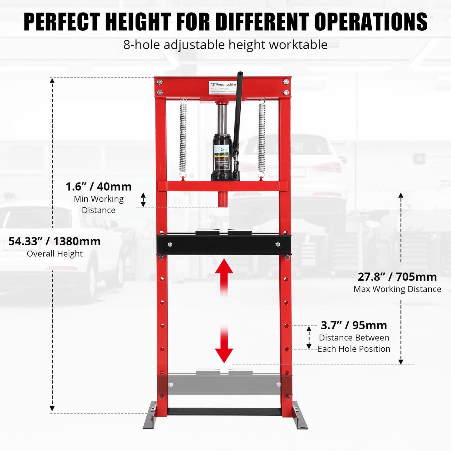12T Hydraulic Press, Heavy Duty H-Frame Garage Floor Hydraulic Shop Press with 2 Press Plates, Adjustable Working Table Height, for Auto Repair, Red