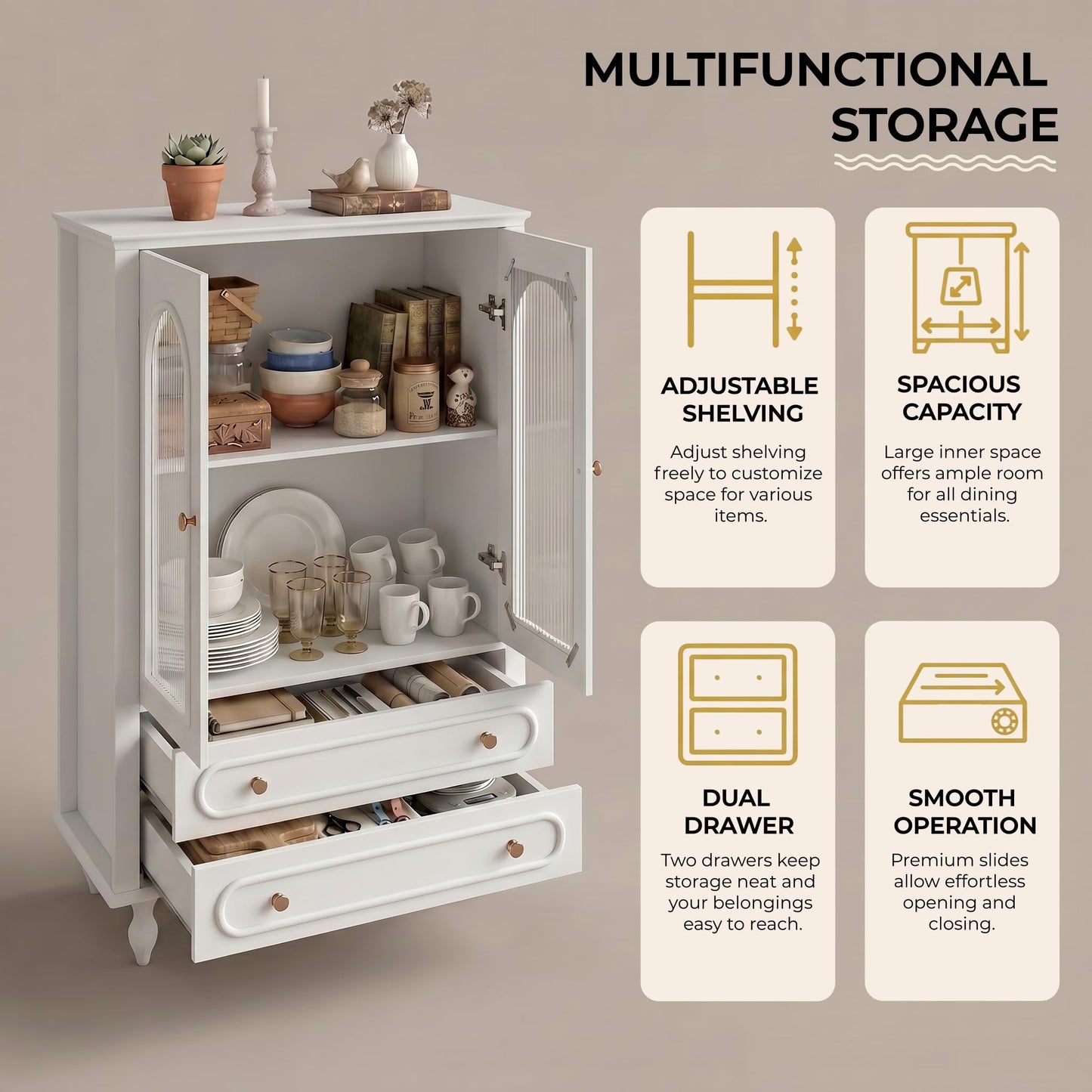 KEIKI Glass Display Cabinet with Ribbed Glass Doors, 46.5" Wooden Curio Cabinet with 2 Drawers & Adjustable Shelf, Freestanding Buffet Storage Unit for Living Room Dining Room Entryway, White