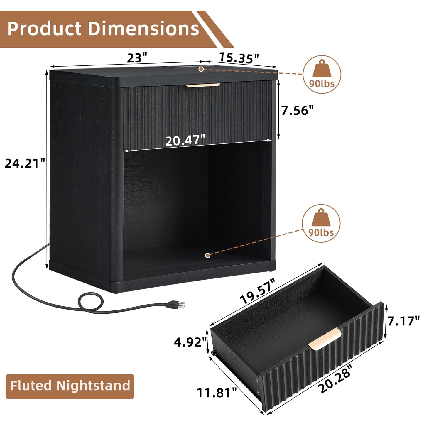 LEYAOYAO Fluted Farmhouse Nightstand Set of 2 with Charging Station, 23" Wide 1 Drawers End Table,Black Dresser for Bedroom,Bed Side Table Chest of Drawers Cabinet,Wood Night Stand for Living Room