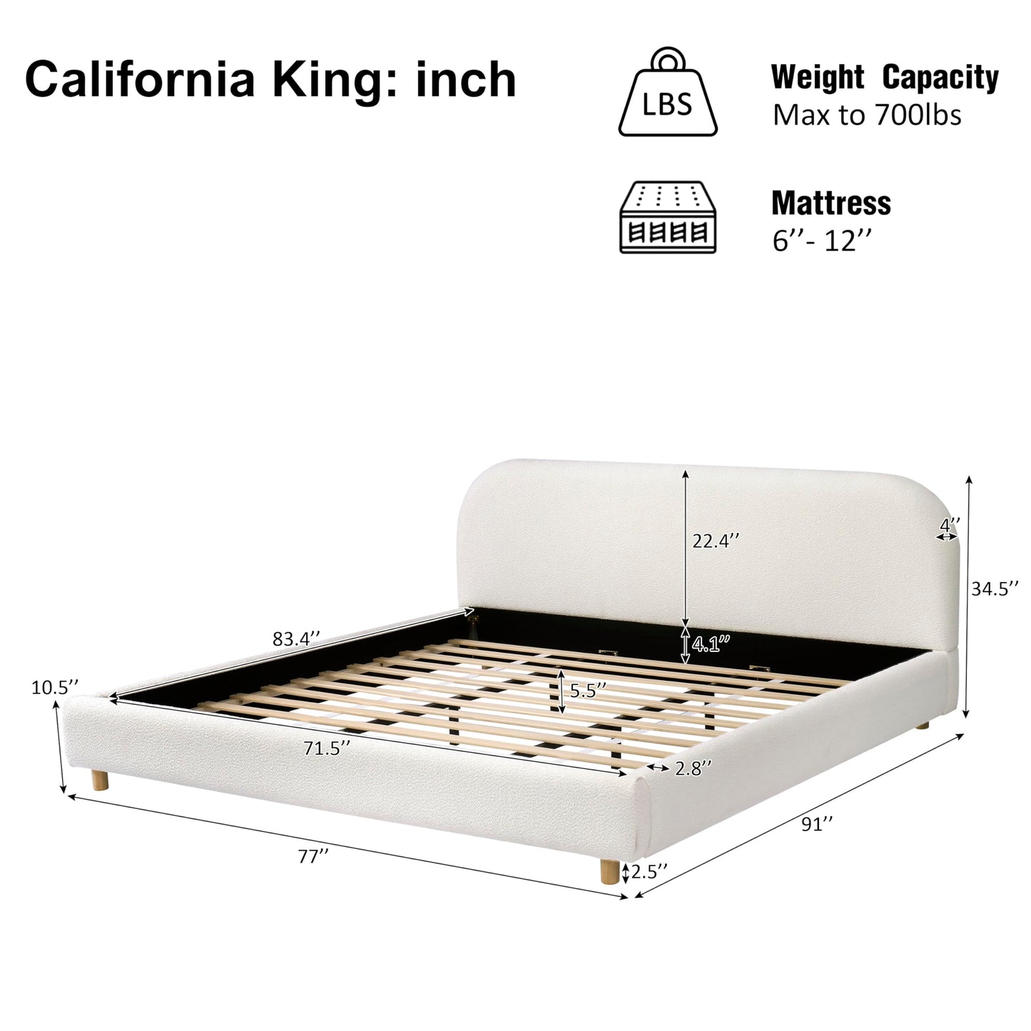 Christopher Knight Home Hazel California King Bed Frame with Headboard, Boucle Upholstered Platform Bed, Wooden Frame, Soft Curved Headboard, Slats Panel Support, No Box Spring Needed, White
