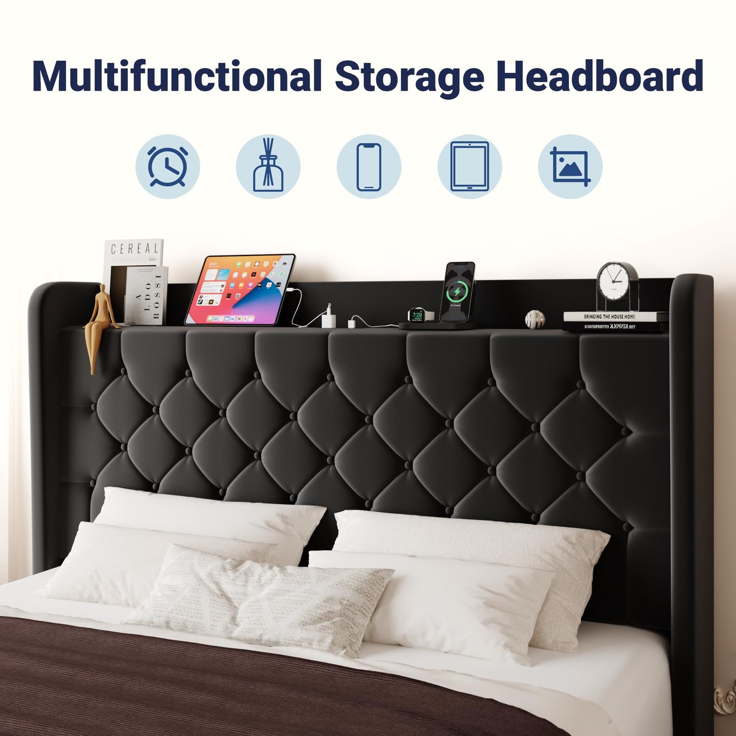 Allewie King Size Bed Frame, Storage Headboard with Charging Station, Wingback Velvet Upholstered, Diamond Stitched Button Tufted, Sturdy Wooden Slats, No Box Spring Needed, Easy Assembly, Black