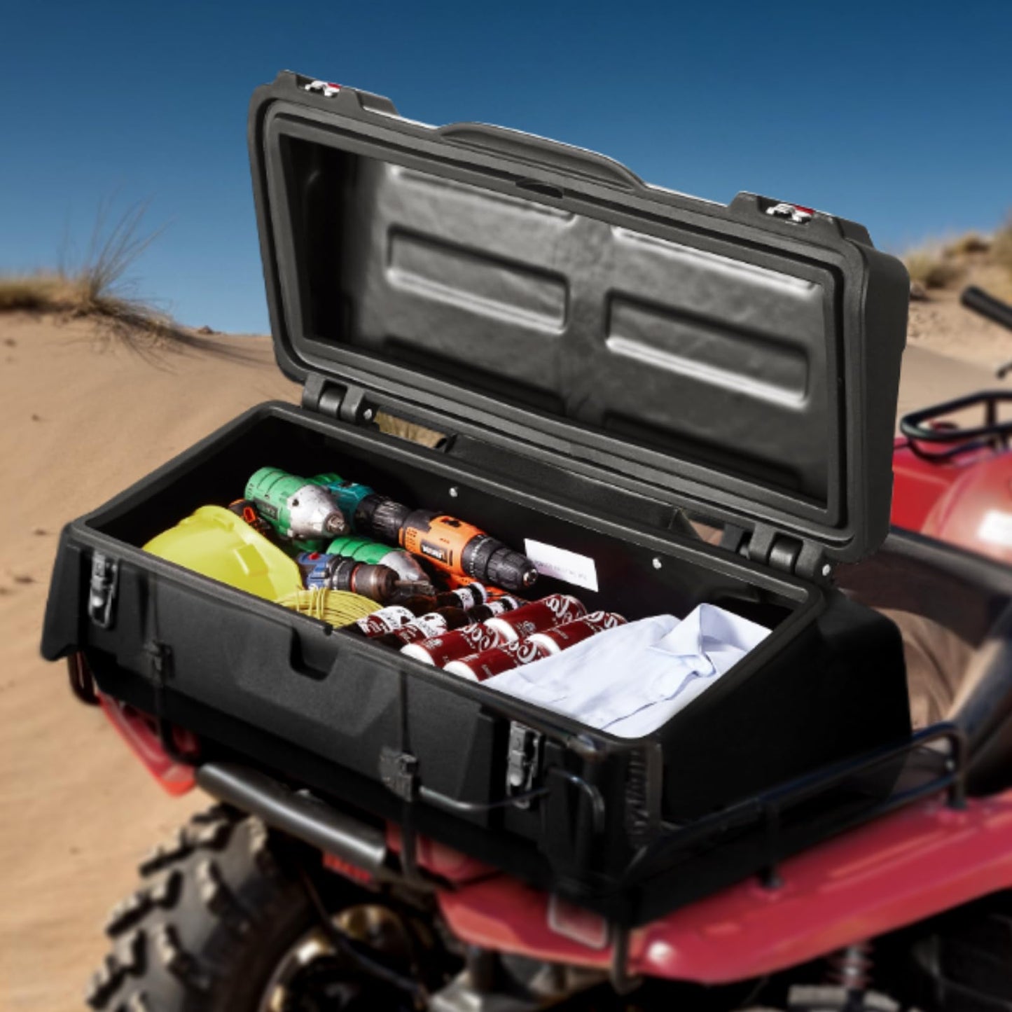VEVOR ATV Rear Storage Box, 95L ATV Rear Cargo Box with Padded Backrest, Waterproof LLDPE and Lockable Gear Storage Box Fit Most ATVs with Rear Rack, Compatible with ATV, UTV, Can-Am Vehicles