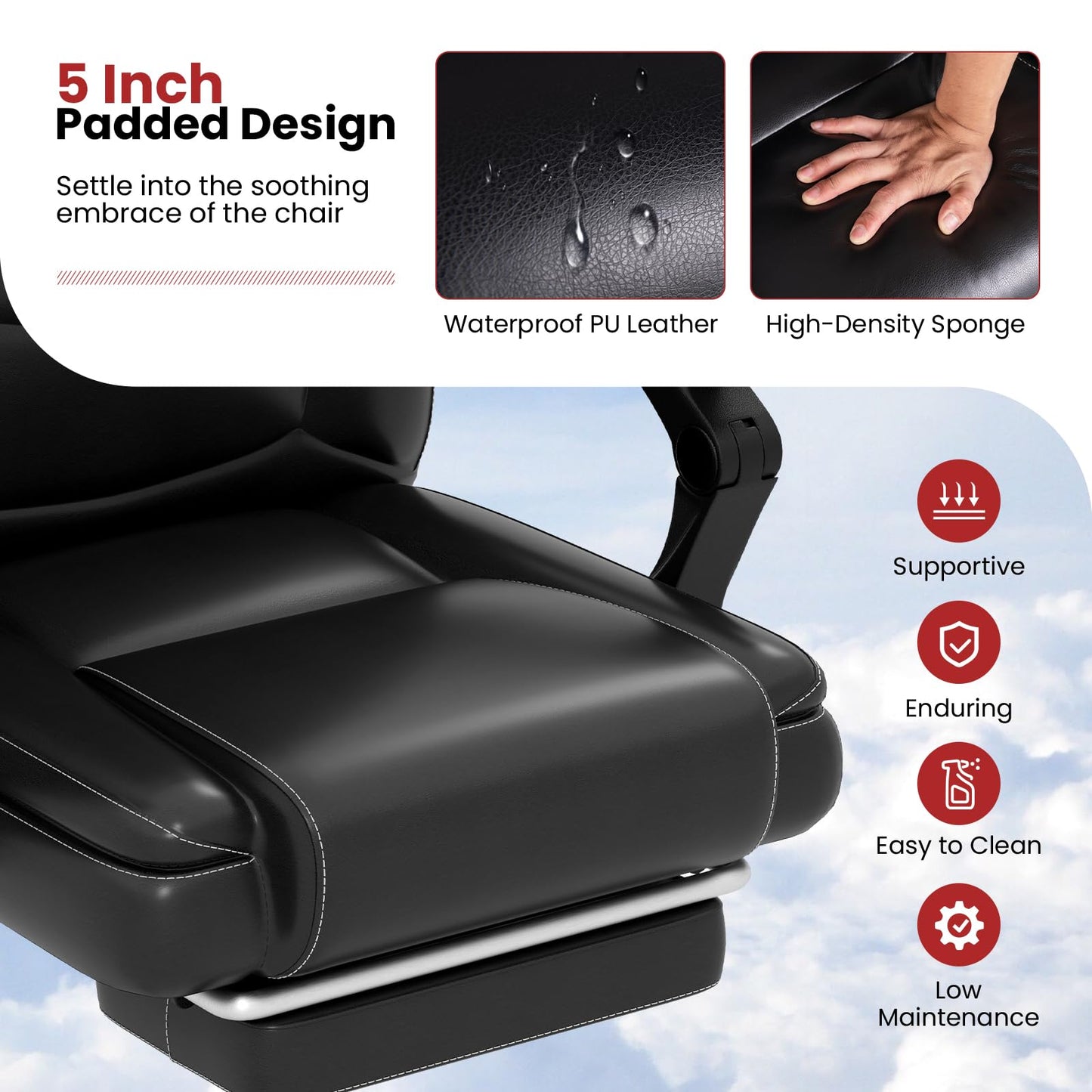 COSTWAY Big and Tall Office Chair, 6-Point Massage Desk Chair with Retractable Footrest, Reclining Backrest & Adjustable Swivel Seat, PU Leather Executive Chair with Wheels, 400 LBS Capacity, Black