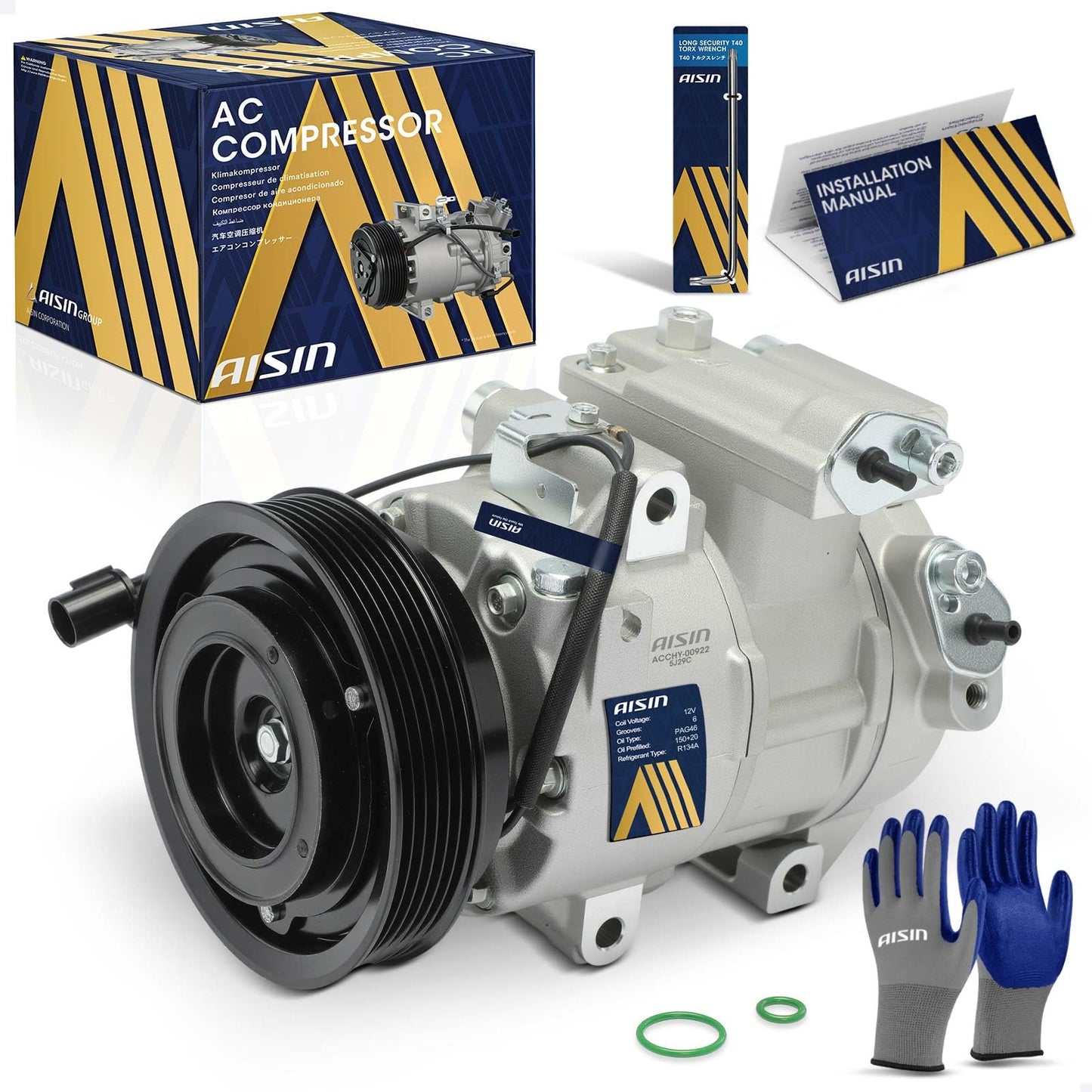 AISIN AFTERMARKET ACCHY-00922 Air Conditioner AC Compressor - Compatible with Hyundai Accent 2012-2014 1.6L, Veloster 2012-2017 1.6L - with 6-Pulley Groove, with Clutch