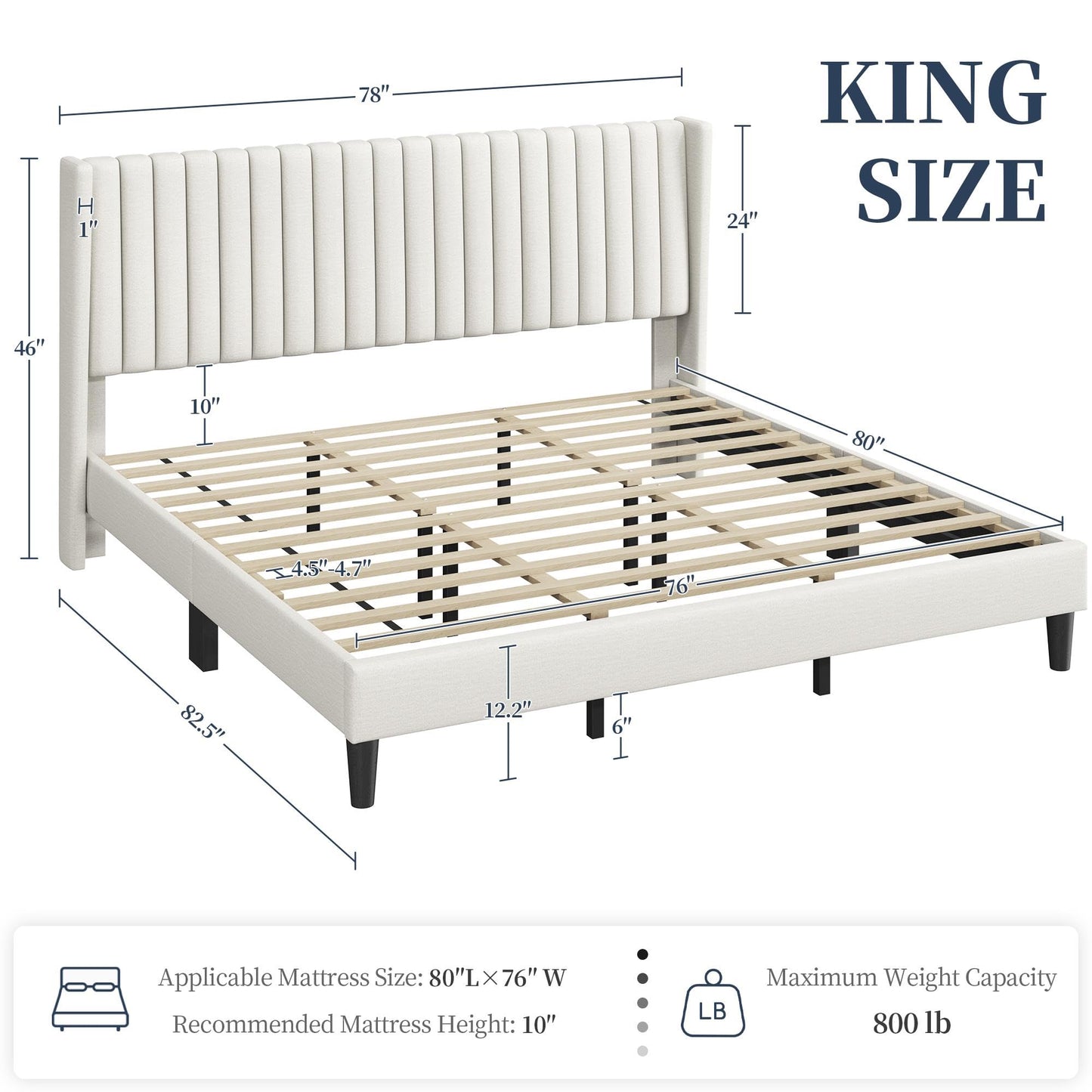 Yaheetech King Bed Frame Upholstered Platform Bed with Fabric Headboard, Wing Edge Design/Non-Slip and Noise-Free/Wooden Slats Support/No Box Spring Needed/Easy Assembly, Beige King Bed
