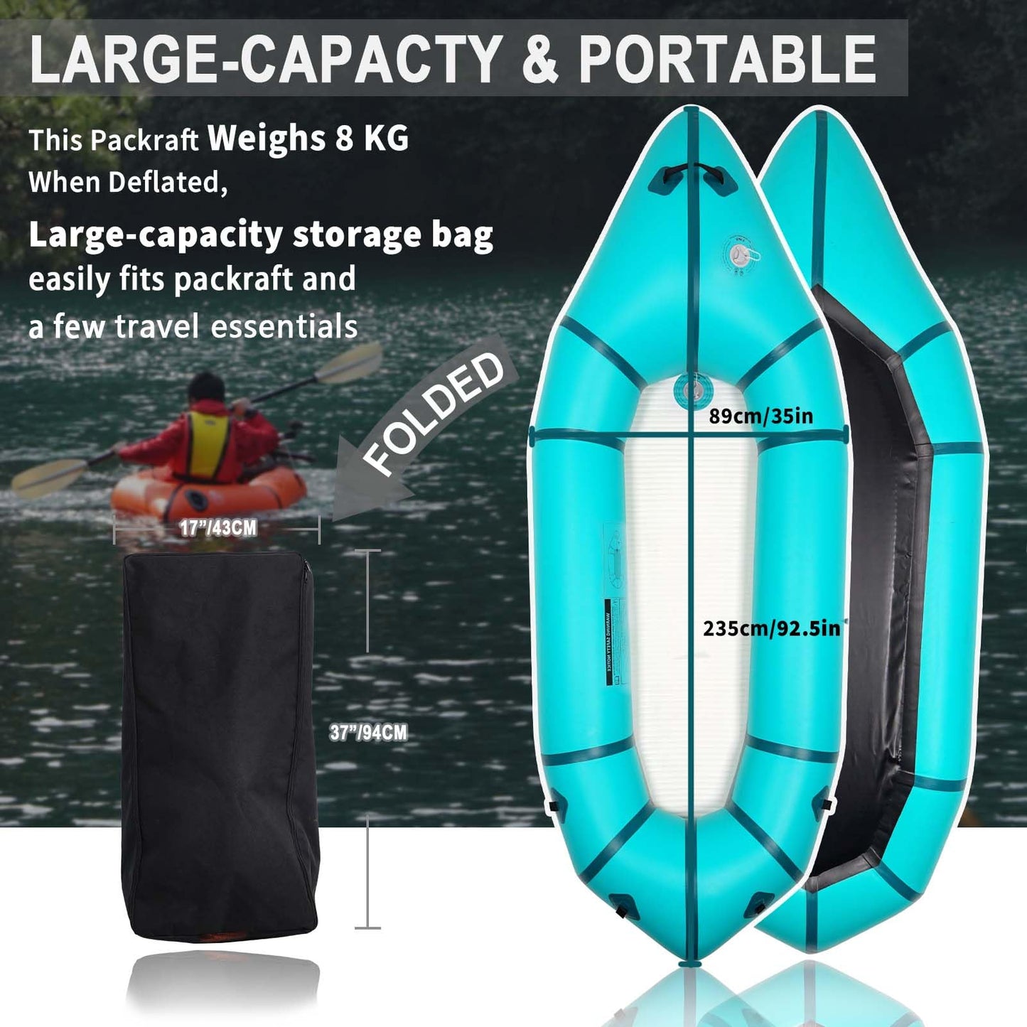 JUSTOOP PVC Packrafts,1 Person Packraft for Flat Water Rafting Camping Trip/Fishing/Water Adventures, Travel Kayak with Two-Way Manual Pump, 300lb Weight Capacity, Teal