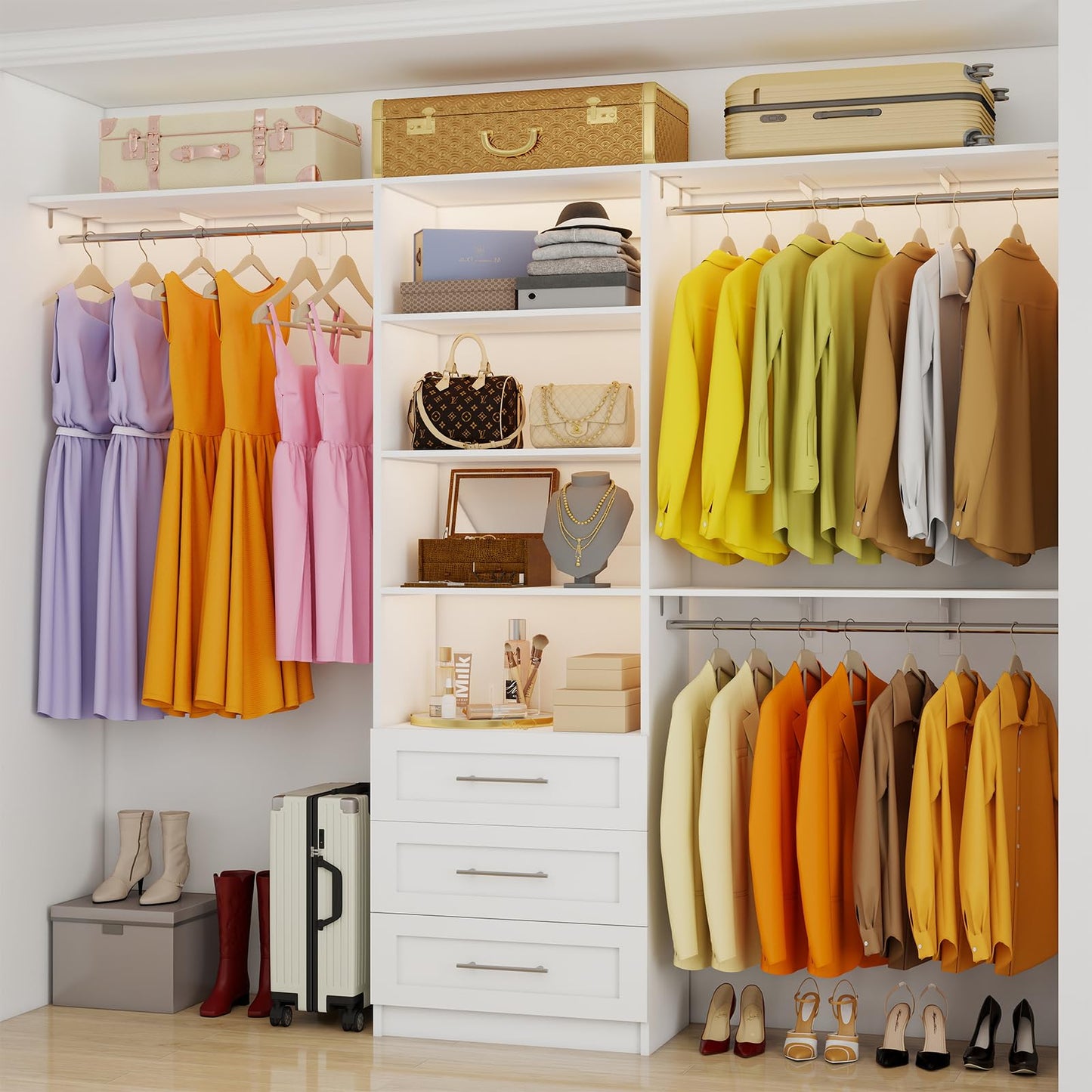 secilix Closet System with 3 Wood Drawers, 5-8FT Closet Organizer System with Cuttable Shelves for Walk in Closet with 3 Expandable Hanging Rods, Heavy Duty Built-in Closet for Bedroom, White