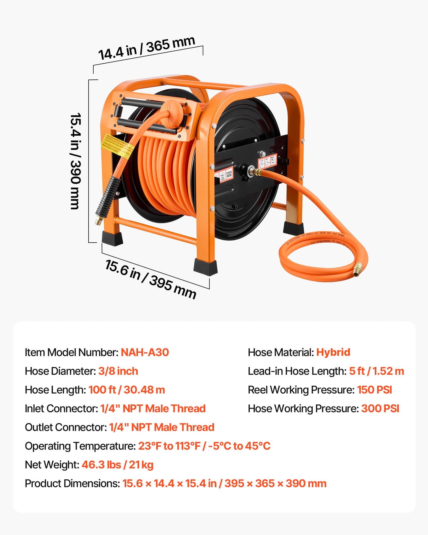 VEVOR Retractable Air Hose Reel, 3/8 Inch x 100 FT Hybrid Air Hose Max 300PSI, Auto Rewind Air-Compressor Hoses Reel with 5ft Lead in, Portable Freestanding Heavy Duty Steel Reel for Garages Workshops