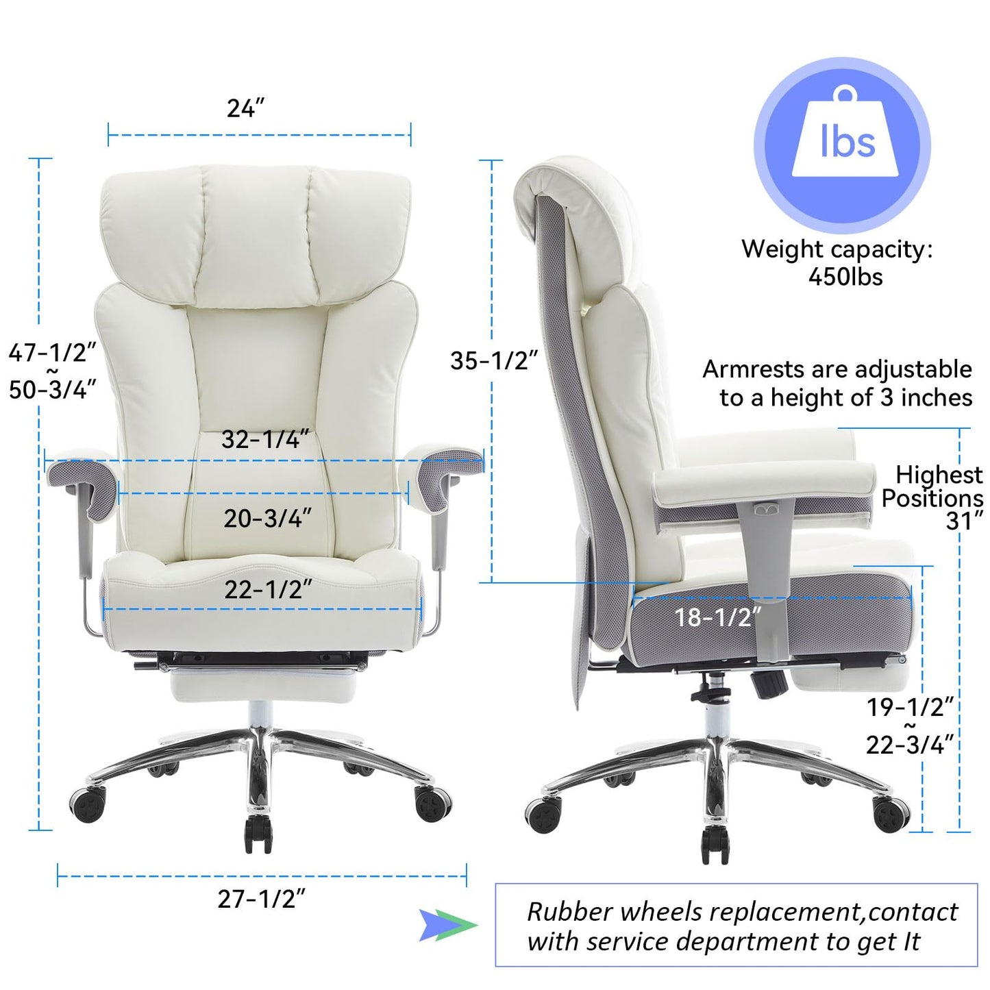 Efomao Big and Tall Executive Office Chair 400lbs - White Desk Chair for Women with Footrest, 24" Wide Ergonomic Pocket Spring Cushion Seat, Heavy Duty Computer Chair for Home Office, Gaming