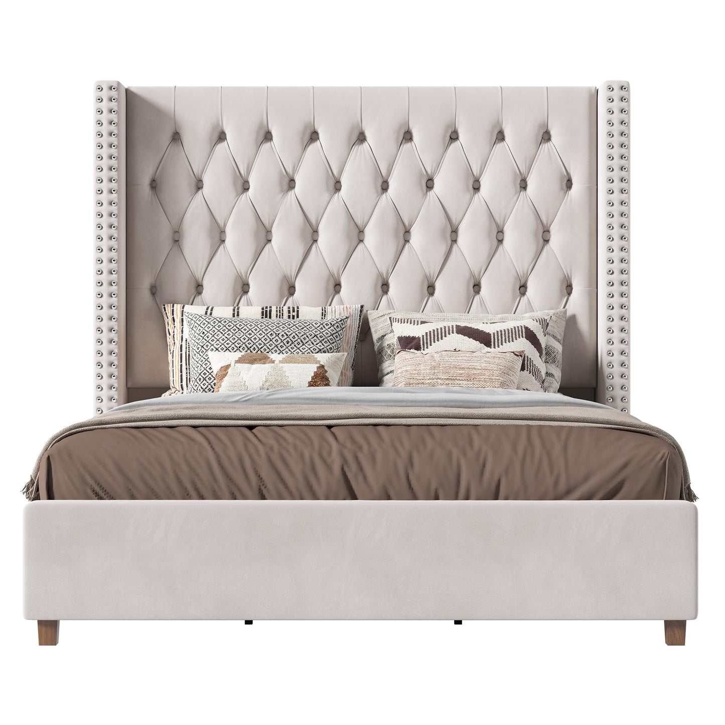 PaPaJet King Bed Frame with 61.4" Tall Wingback Headboard, Velvet Upholstered Platform Bed, No Box Spring Needed, Noise-Free&Easy Assembly, for Family with Kids/Pets & Luxury Home, Cream