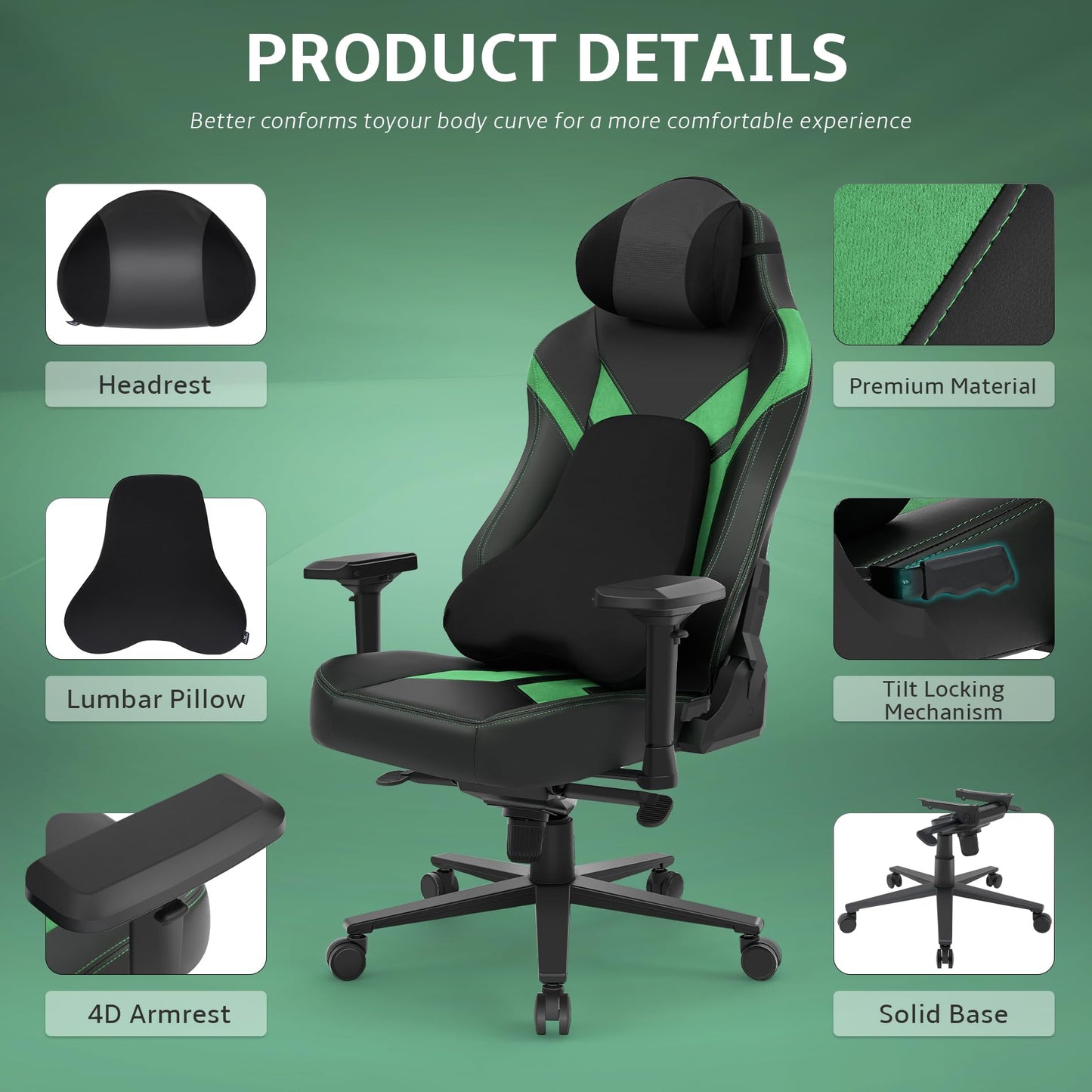 Ergonomic Gaming Chair, Wyrdforging Computer Desk Chairs, 4D Armrests, High Back Office Chair With Headrest & Lumbar Pillow, Tilt Rocker Recliner, Heavy-Duty Base, Black PU Leather & Green Suede Combo