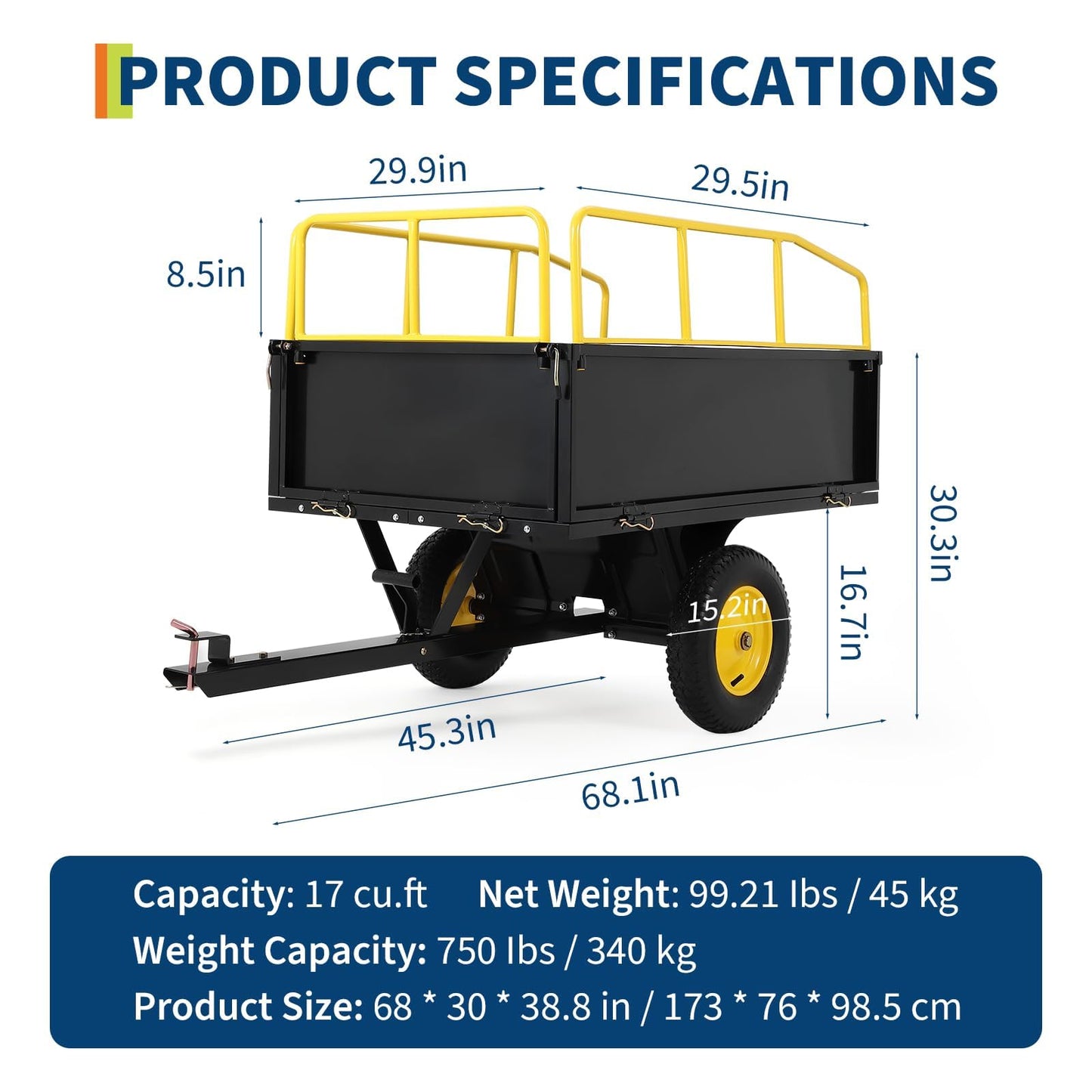 Lawn Mower Trailer ATV Dump Cart Tow Behind, 600 Lb Capacity, 17 Cu.ft, Heavy Duty Steel Garden Utility Trailer with All Terrain Tires & Removable Sides for Yard Lawn