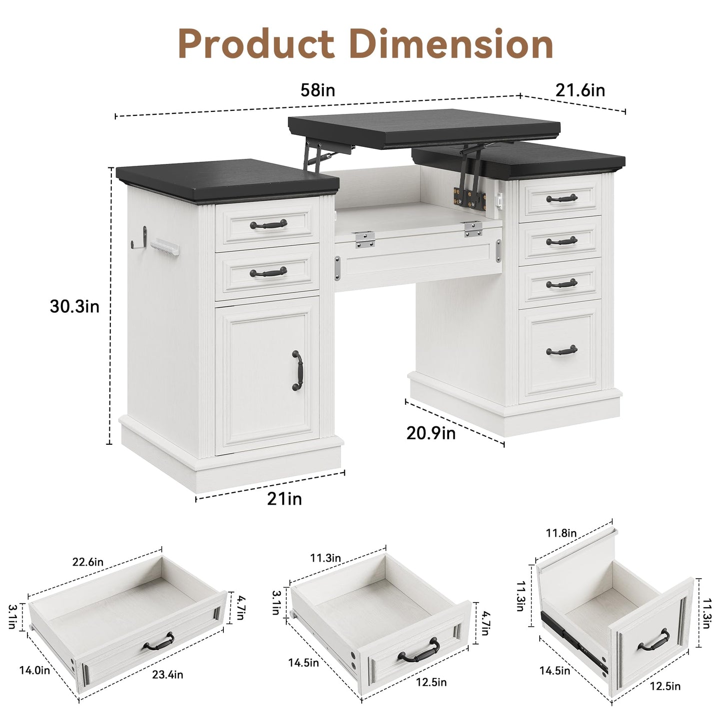 Jocoevol 57" Lift Executive Desk with Drawers, Farmhouse Home Office Desk with File Cabinet Storage, Computer Desk with Charging Station & Headphone Hook for Work/Study/Writing (White & Black, Lift)