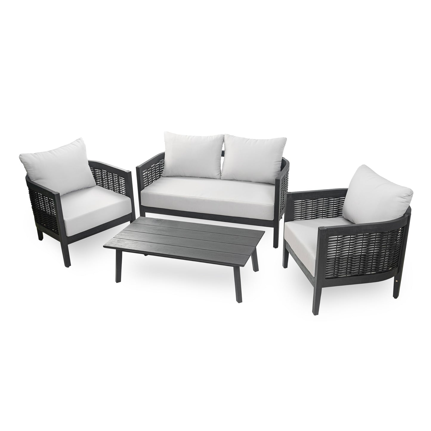 Christopher Knight Home Peron Patio 4-Seater Conversation Set, Sofa/Loveseat, 2 Club Chairs, Coffee Table, Cushion+Back Pillows, Acacia Wood+Wicker, Garden, Backyard, Poolside, Black + Light Grey