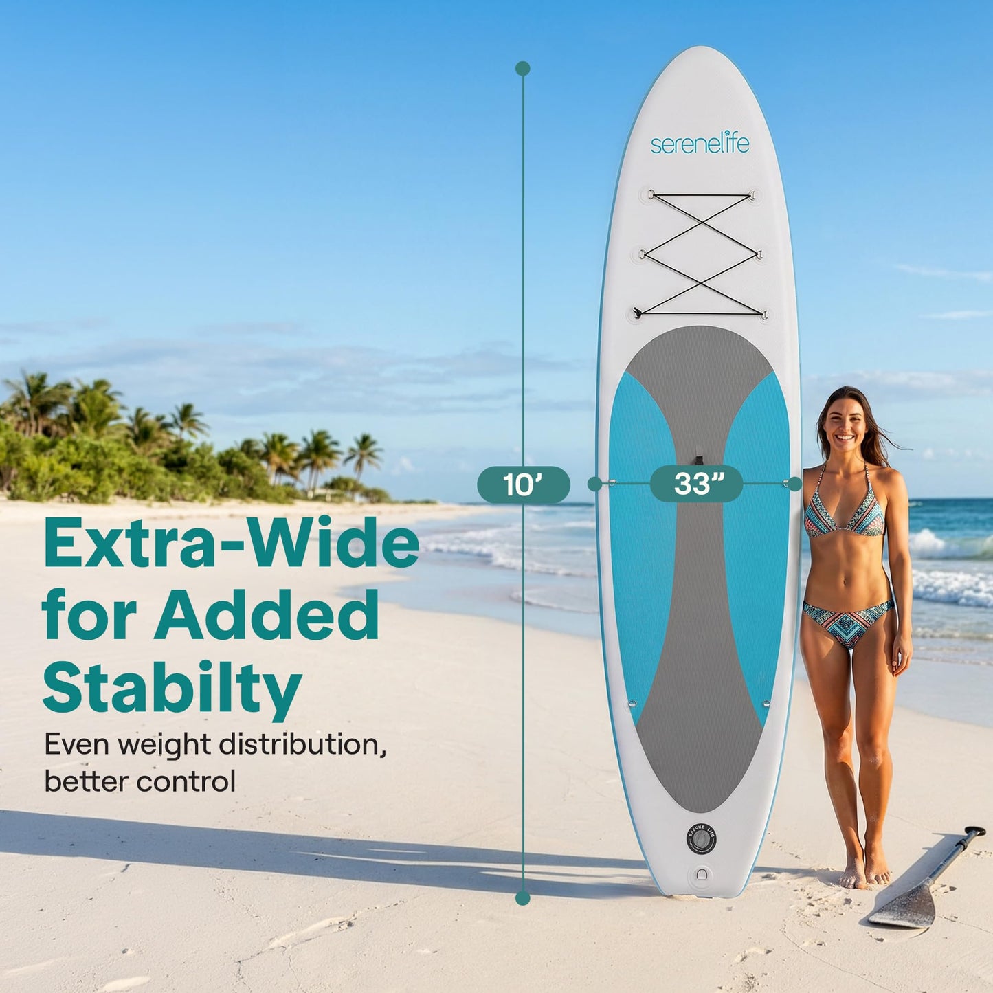 SereneLife 10’ Inflatable Stand Up Paddle Board with Premium SUP Accessories - 32” Wide Stable Design with Non-Slip EVA Deck Pad, for Youth and Adults, 275 lbs. Capacity