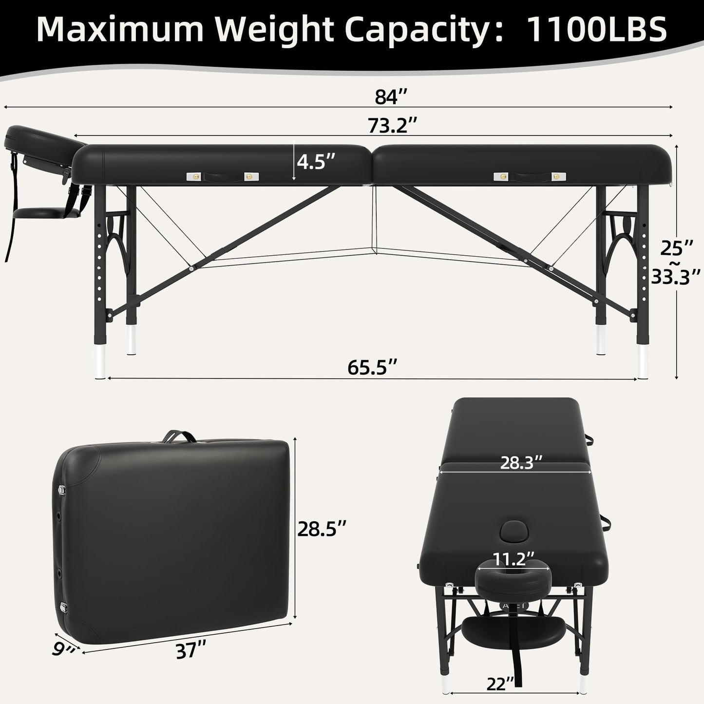 ABET Massage Table 28 Inch Wide, Spa Tattoo Bed, Memory Foam PU Leather Professional 2 Fold Portable Facial Esthetician Salon Bed with Carrying Bag & Lightweight Aluminium Leg, Hold Up to 1100LBS