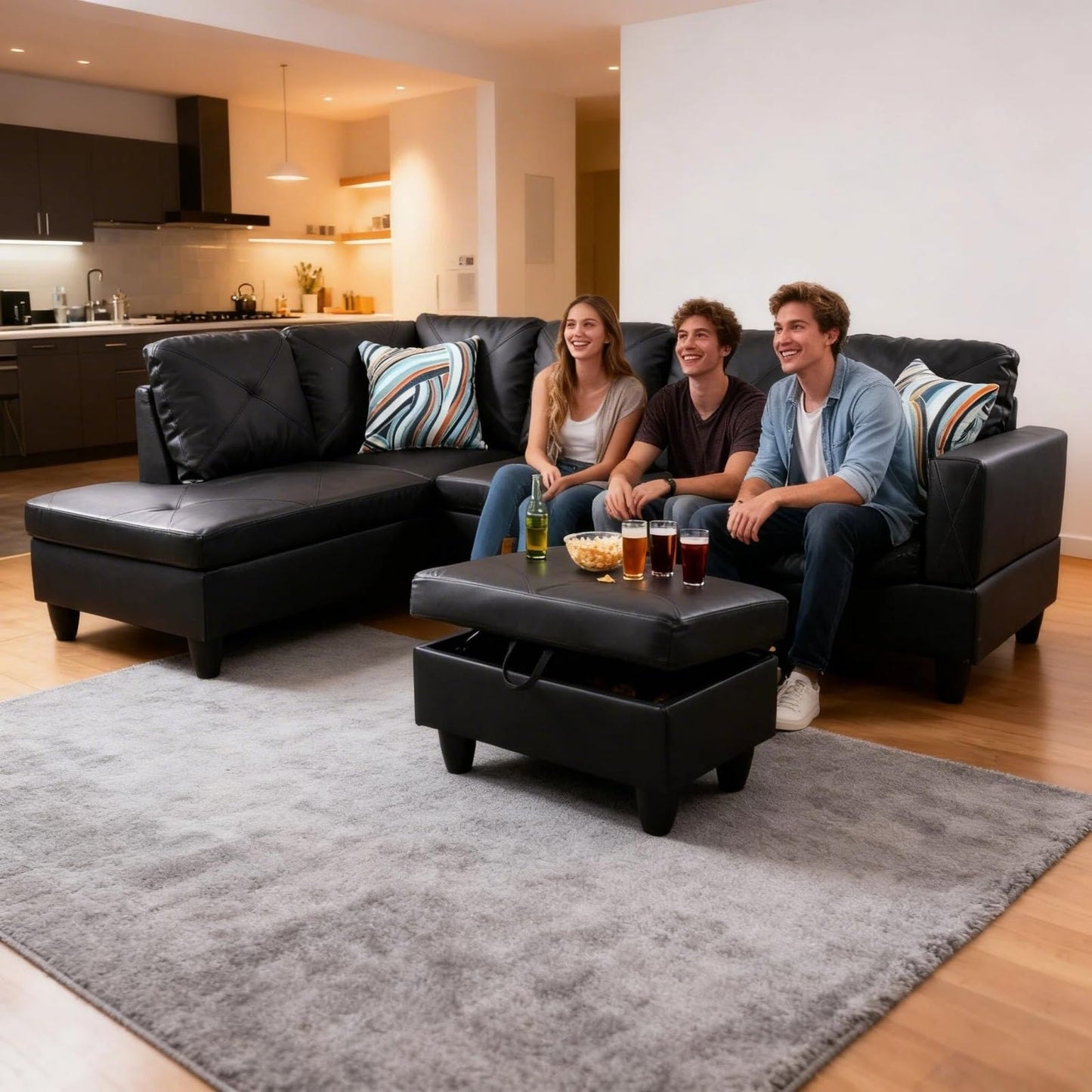 Trygoal L-Shape Sofa with Storage Ottoman, Leather Sectional Couch with Left Chaise, Modern 3-Piece Sofa Set for Living Room, Upholstered Couch Set with Solid Wood Frame for Apartment, Loft, Black