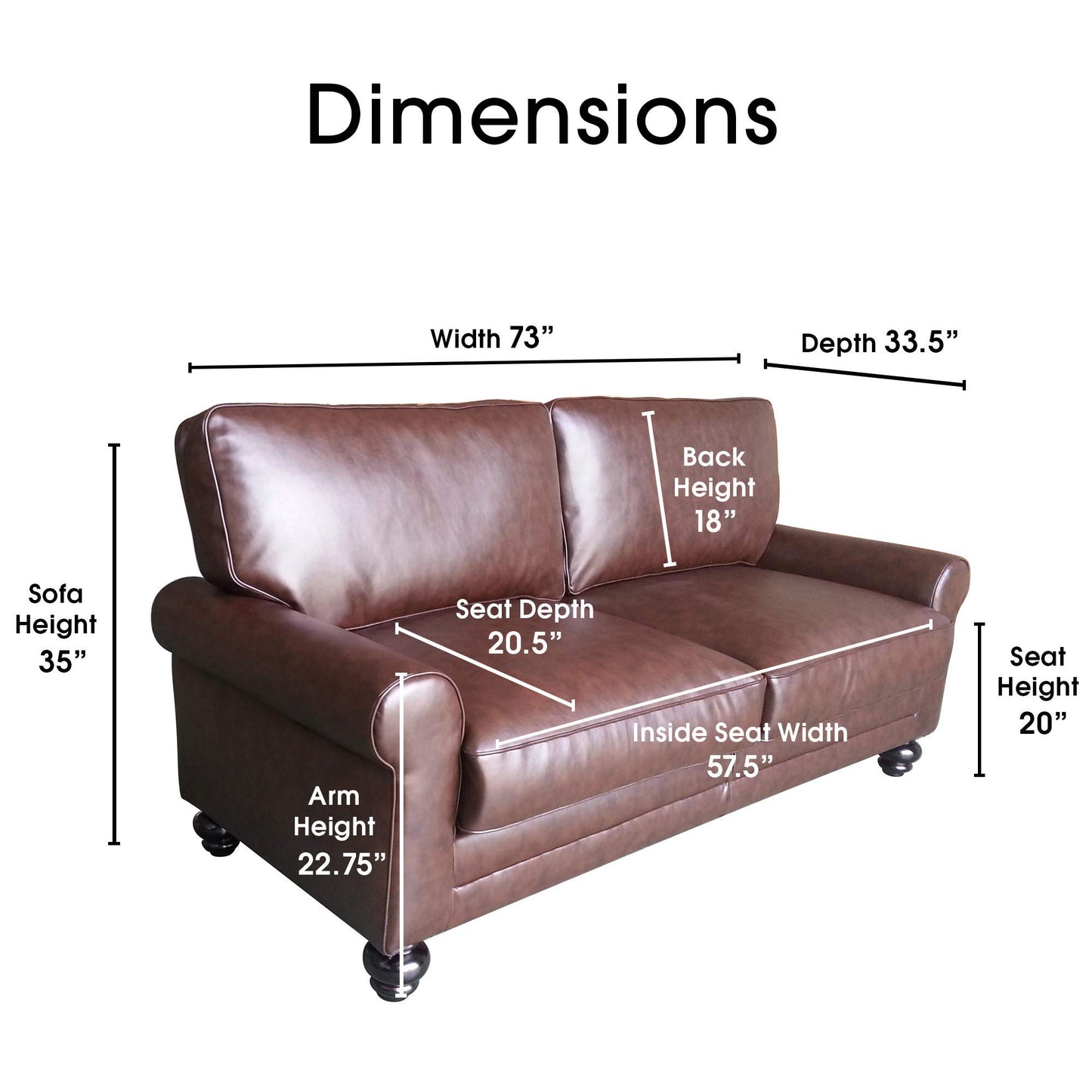 Serta Copenhagen Sofa Couch for Two People, Pillowed Back Cushions and Rounded Arms, Durable Modern Upholstered Fabric, 73" Sofa, Chestnut Brown