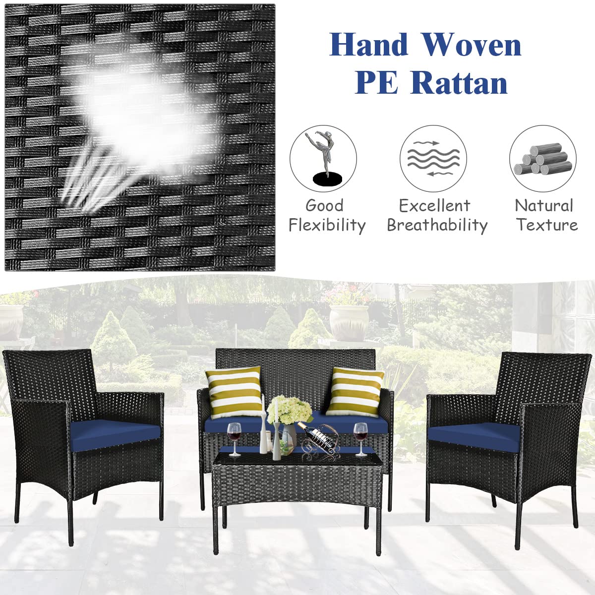 Tangkula 4 Pieces Patio Furniture Set, Outdoor Wicker Conversation Set with Tempered Glass Tabletop, Rattan Sofa and Chairs Set with Off White & Navy Cushion Covers