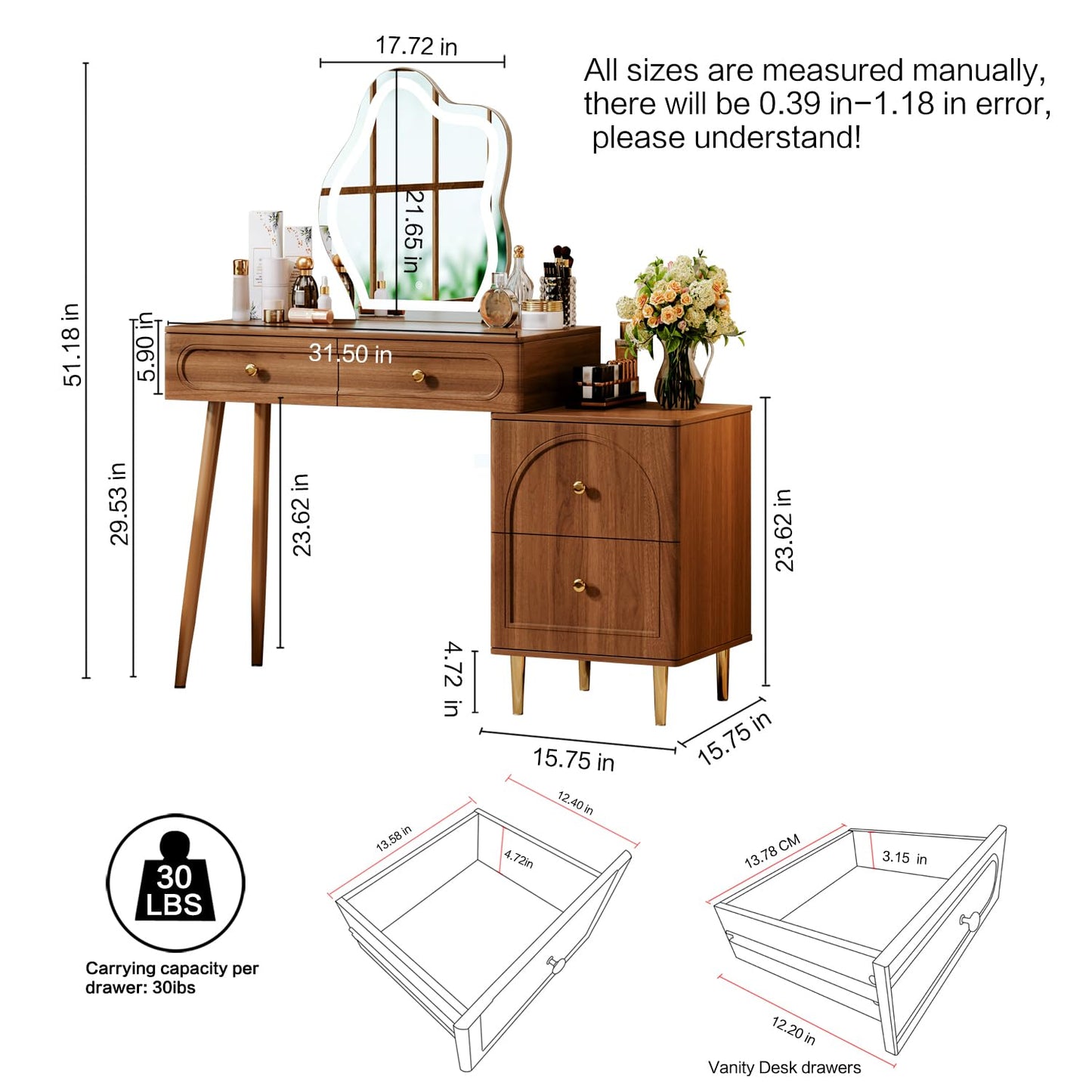 Chrangmay Walnut Stylish Corner Makeup Vanity Table，Vanity Desk with Lighted Mirror and 4 Spacious Drawers,Bedroom Essential Dressing Table with Nightstand，Modern Minimalist Writing Desk for Girls