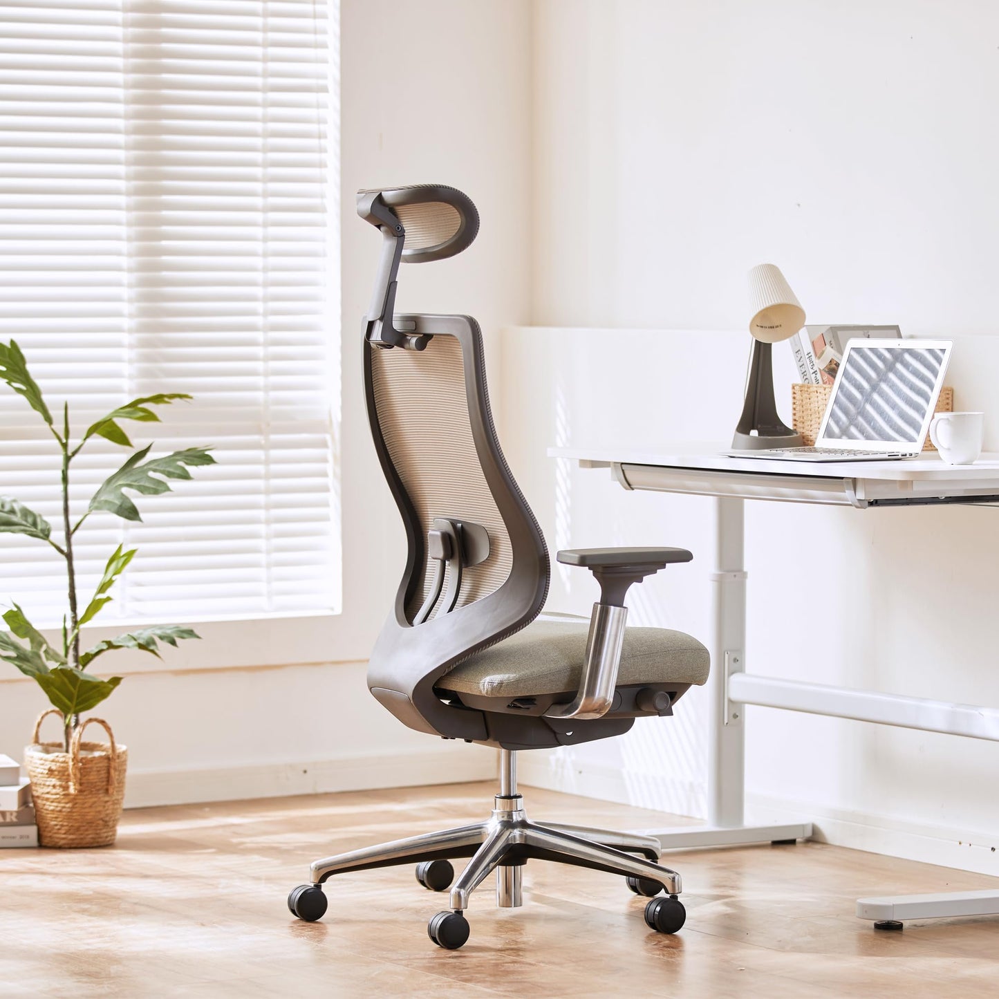 COLAMY Ergonomic Mesh Office Chair, High Back Computer Executive Desk Chair with Adjustable Headrest and 4D Arms, Slide Seat, Tilt Lock-Light Grey