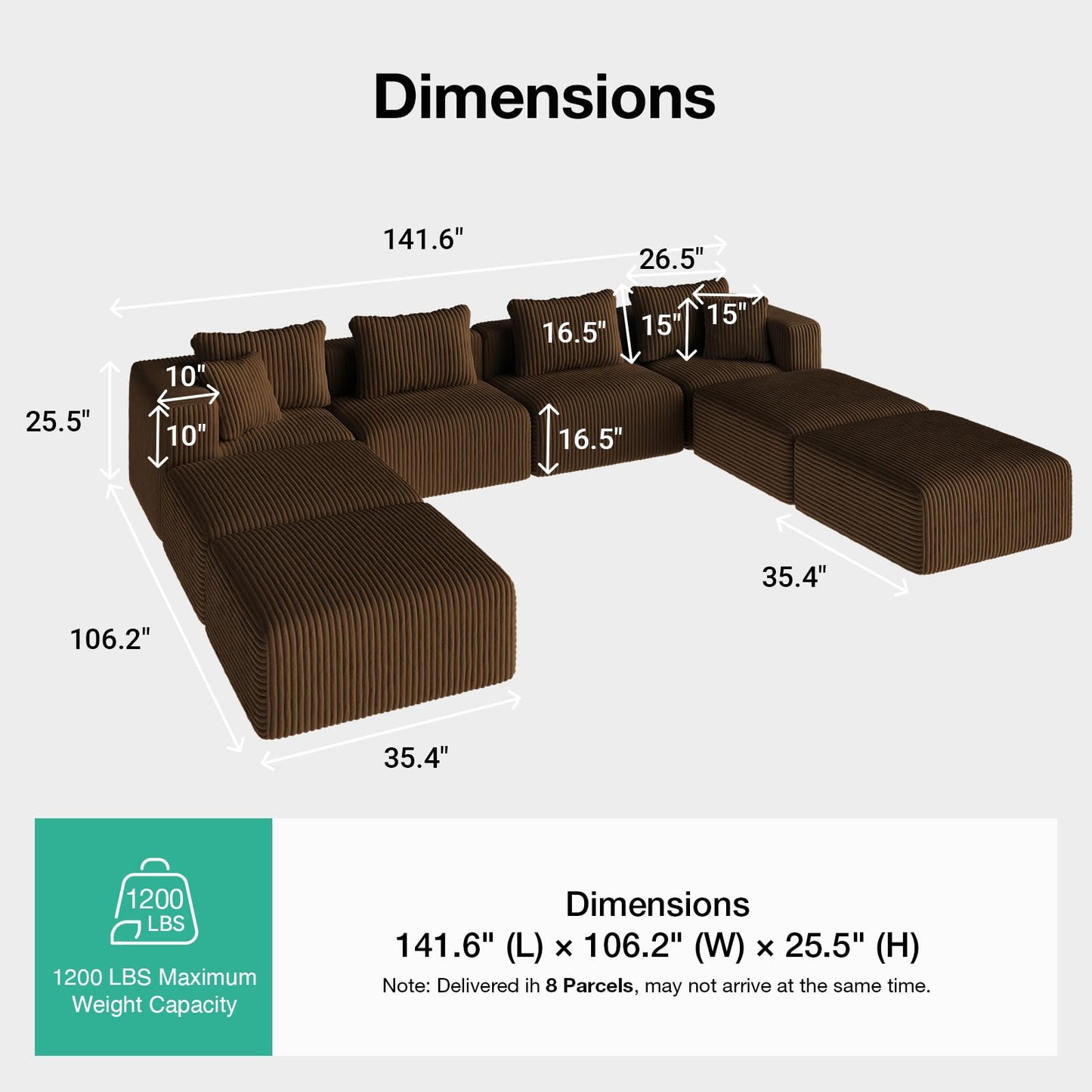Novilla 141" Modular Sectional Sofa, Modern Cloud Sectional Couch with Smarts Coil® Support, U-Shape Boneless Couch for Living Room Apartments, No Assembly Required, Brown (4 Seat w/ 4 Ottoman)
