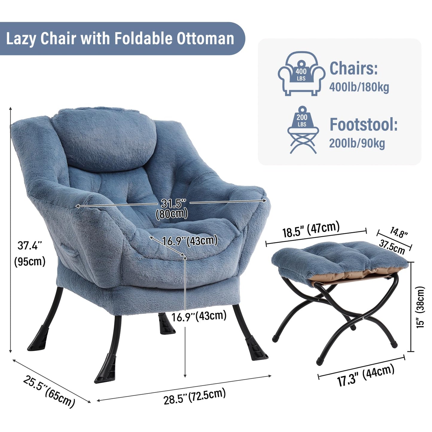 Furlide Lazy Chair with Ottoman, Modern Accent Chair with Armrests and a Side Pocket, Plush Light Blue Accent Chairs, Reading Chairs, Oversized Armchairs for Bedroom, Study, Living Room, Courtyard